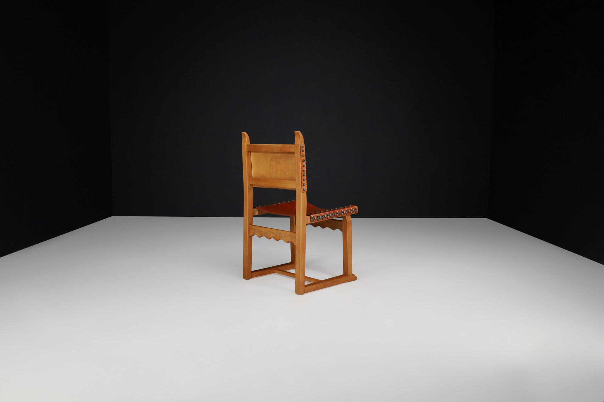 Mid century modern Oak and Cognac Leather Dining Chairs, France 1960s Mid-20th century