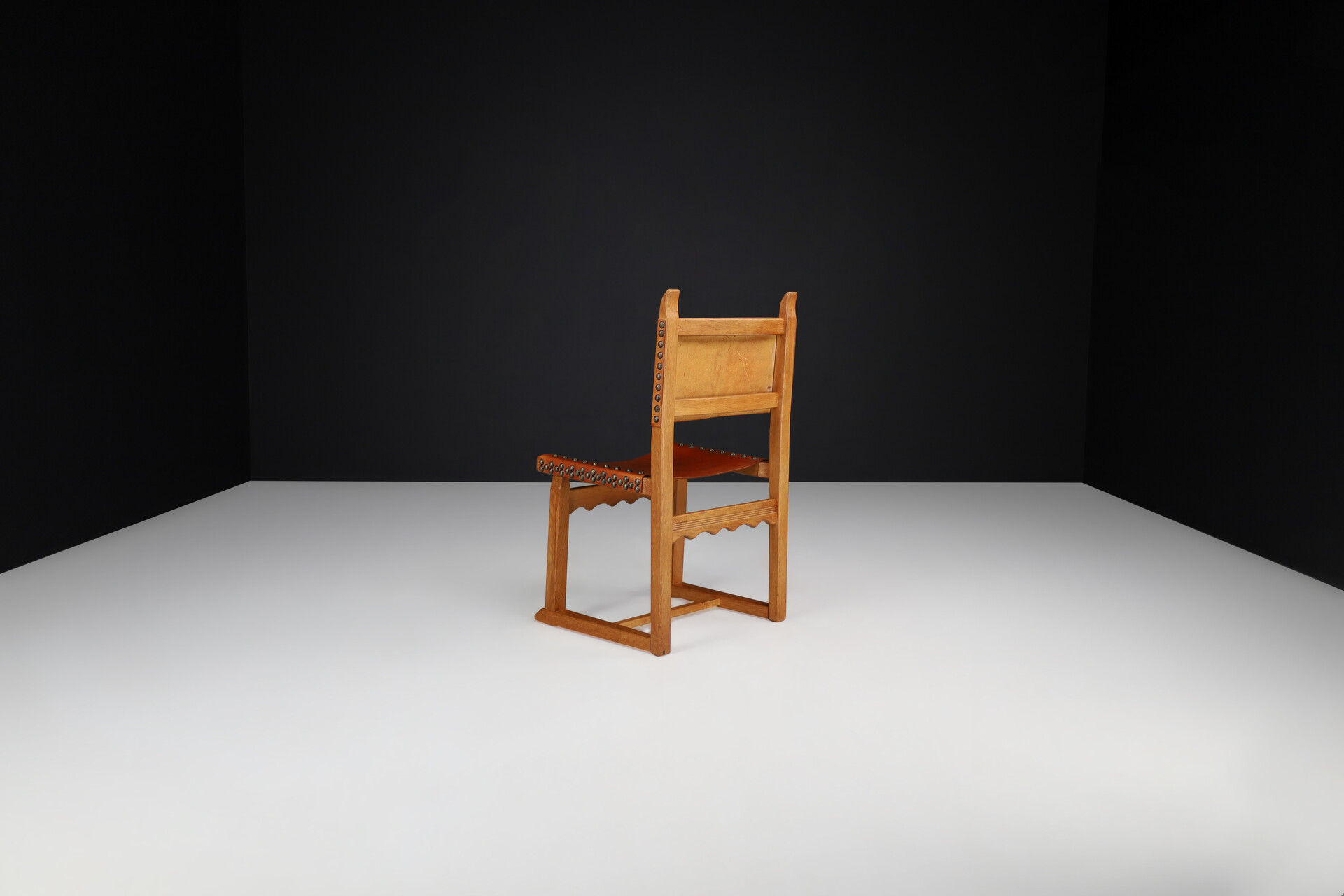 Mid century modern Oak and Cognac Leather Dining Chairs, France 1960s Mid-20th century