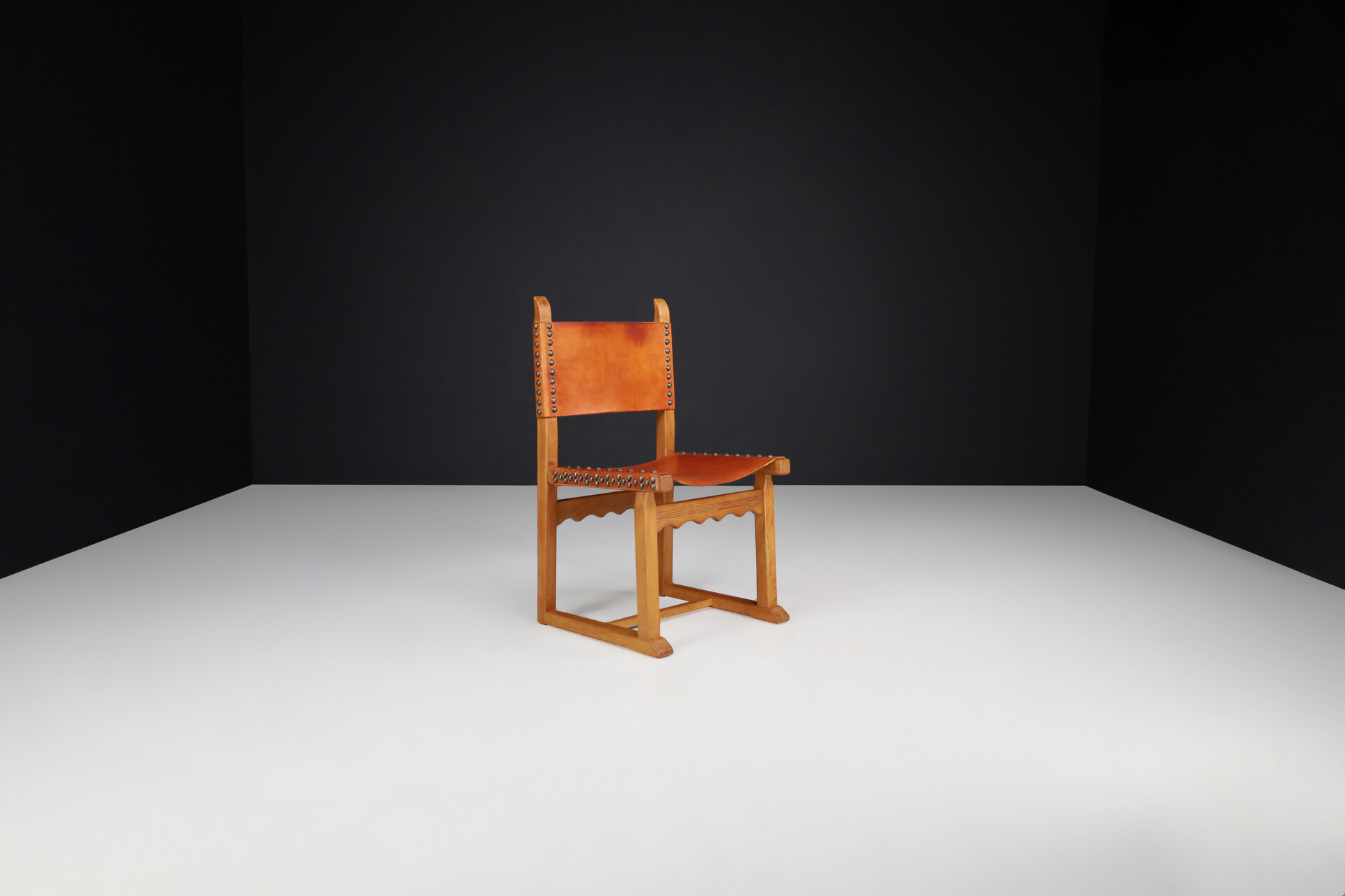 Mid century modern Oak and Cognac Leather Dining Chairs, France 1960s Mid-20th century