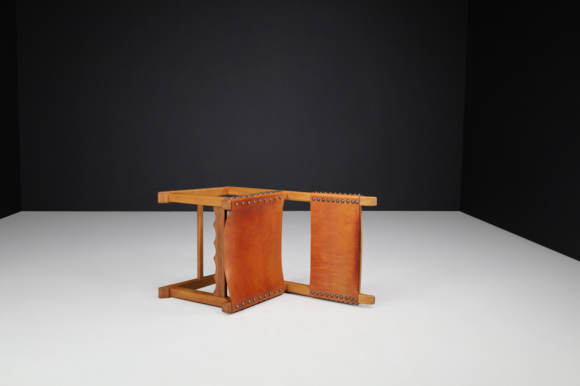 Mid century modern Oak and Cognac Leather Dining Chairs, France 1960s Mid-20th century