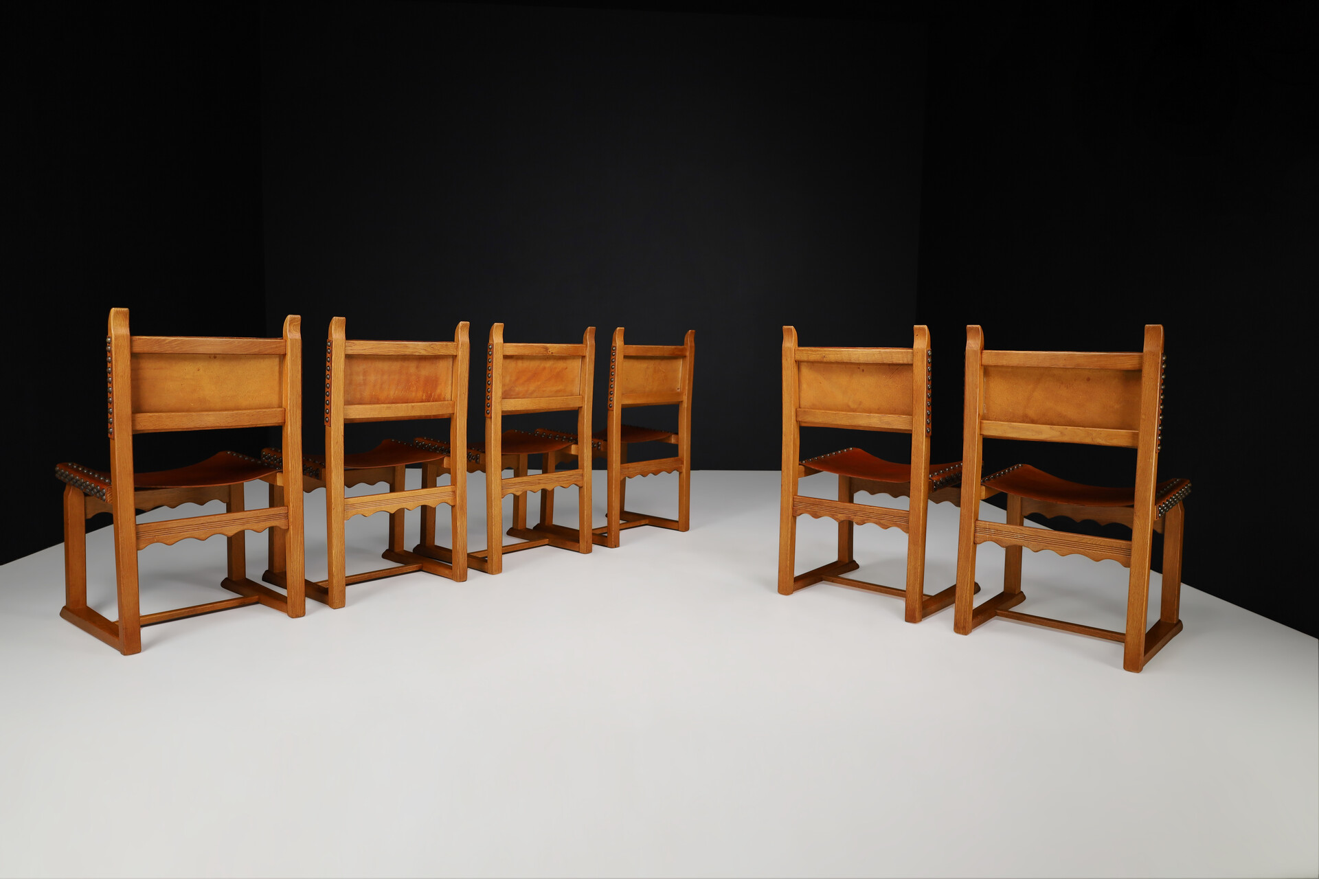 Mid century modern Oak and Cognac Leather Dining Chairs, France 1960s Mid-20th century