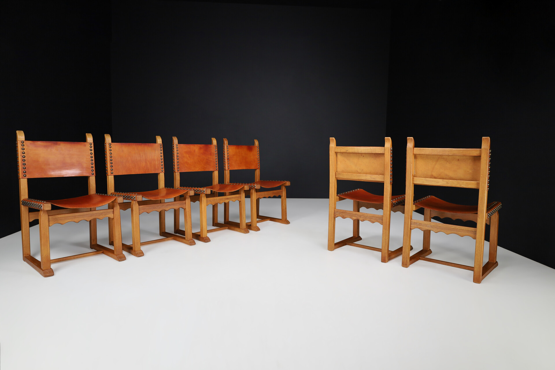 Mid century modern Oak and Cognac Leather Dining Chairs, France 1960s Mid-20th century
