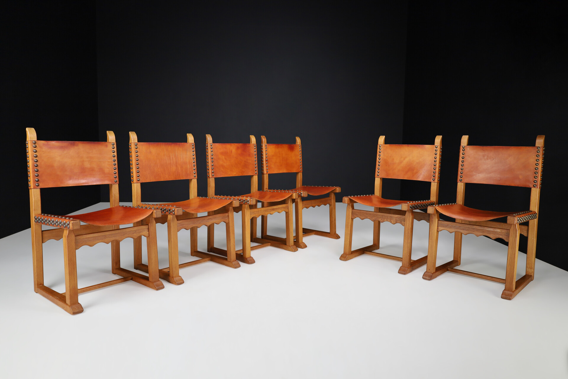 Mid century modern Oak and Cognac Leather Dining Chairs, France 1960s Mid-20th century
