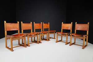 Mid century modern Oak and Cognac Leather Dining Chairs, France 1960s Mid-20th century