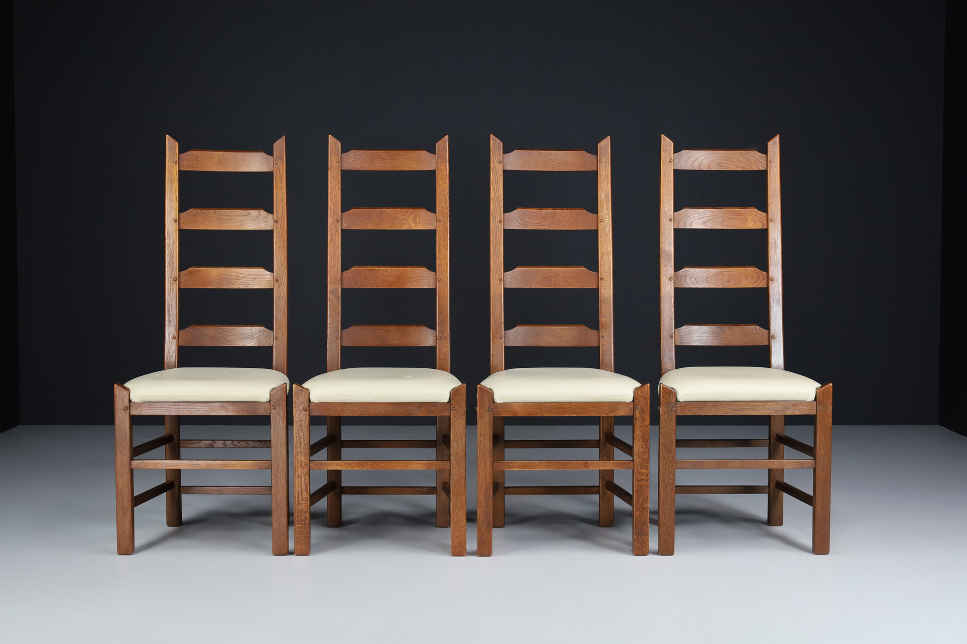 Mid century modern Oak and leather High back chairs , France 1960s Mid-20th century