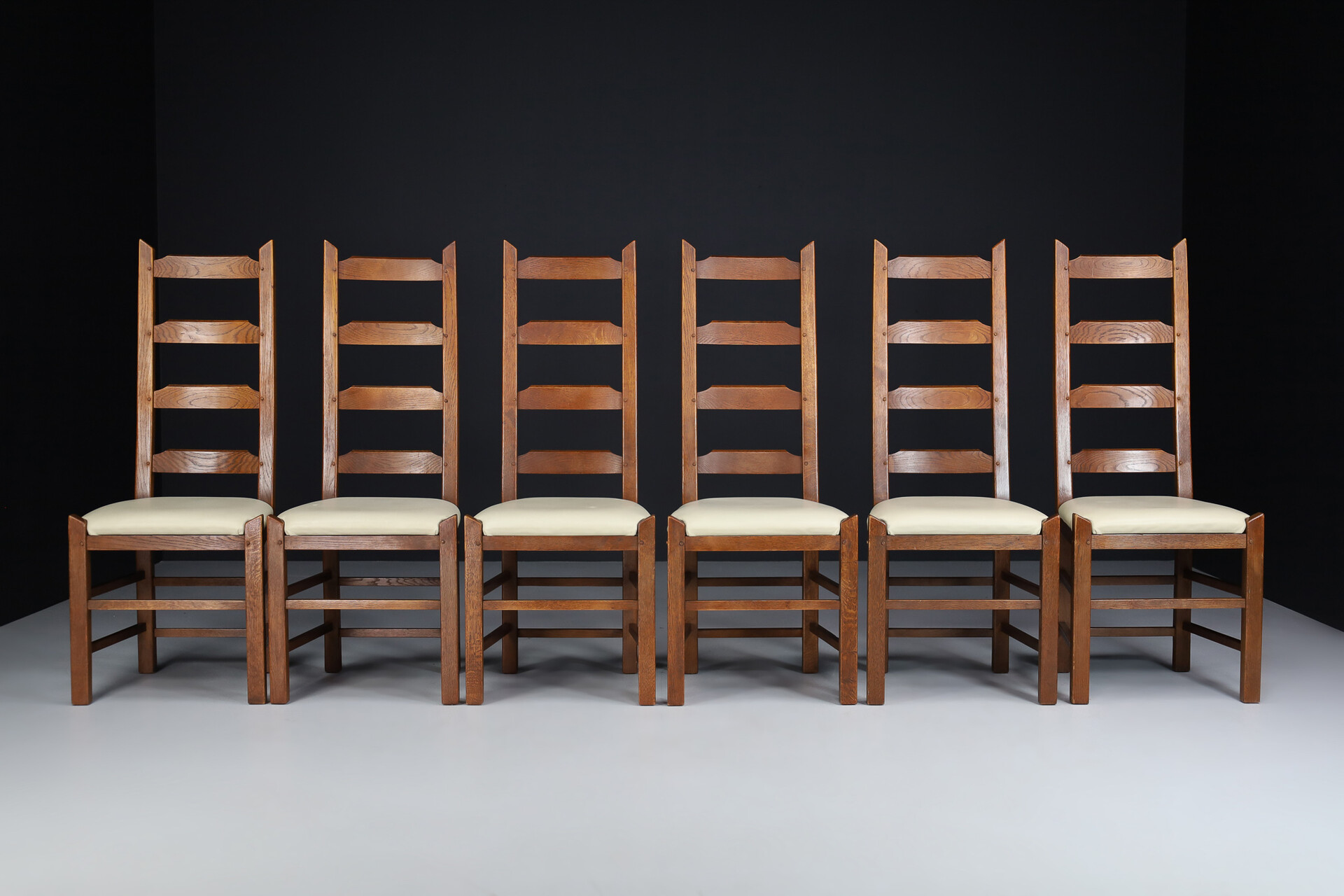 Mid century modern Oak and leather High back chairs , France 1960s Mid-20th century