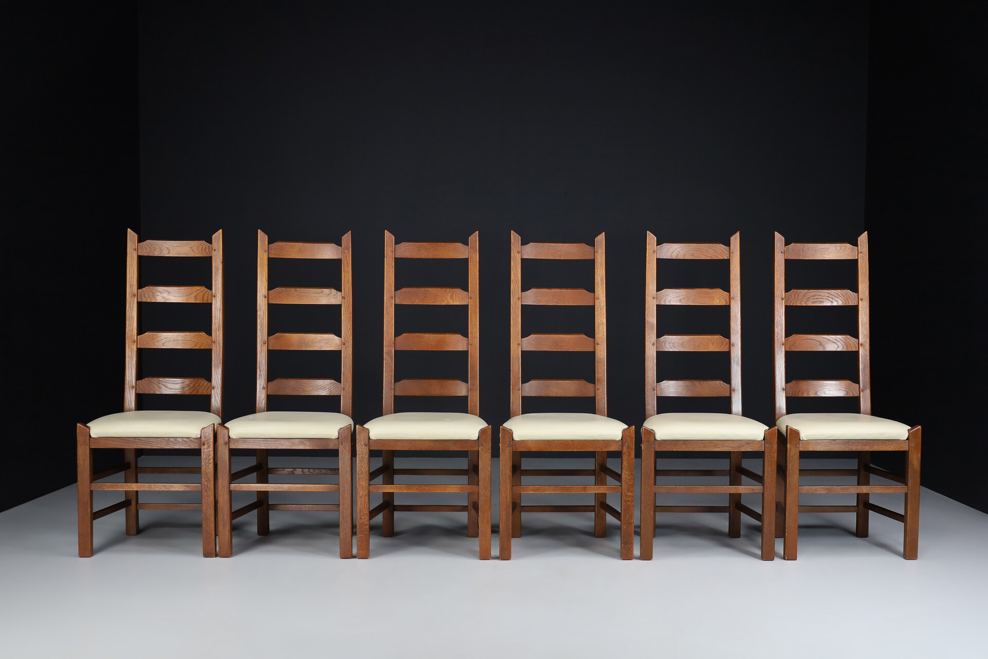Mid century modern Oak and leather High back chairs , France 1960s Mid-20th century