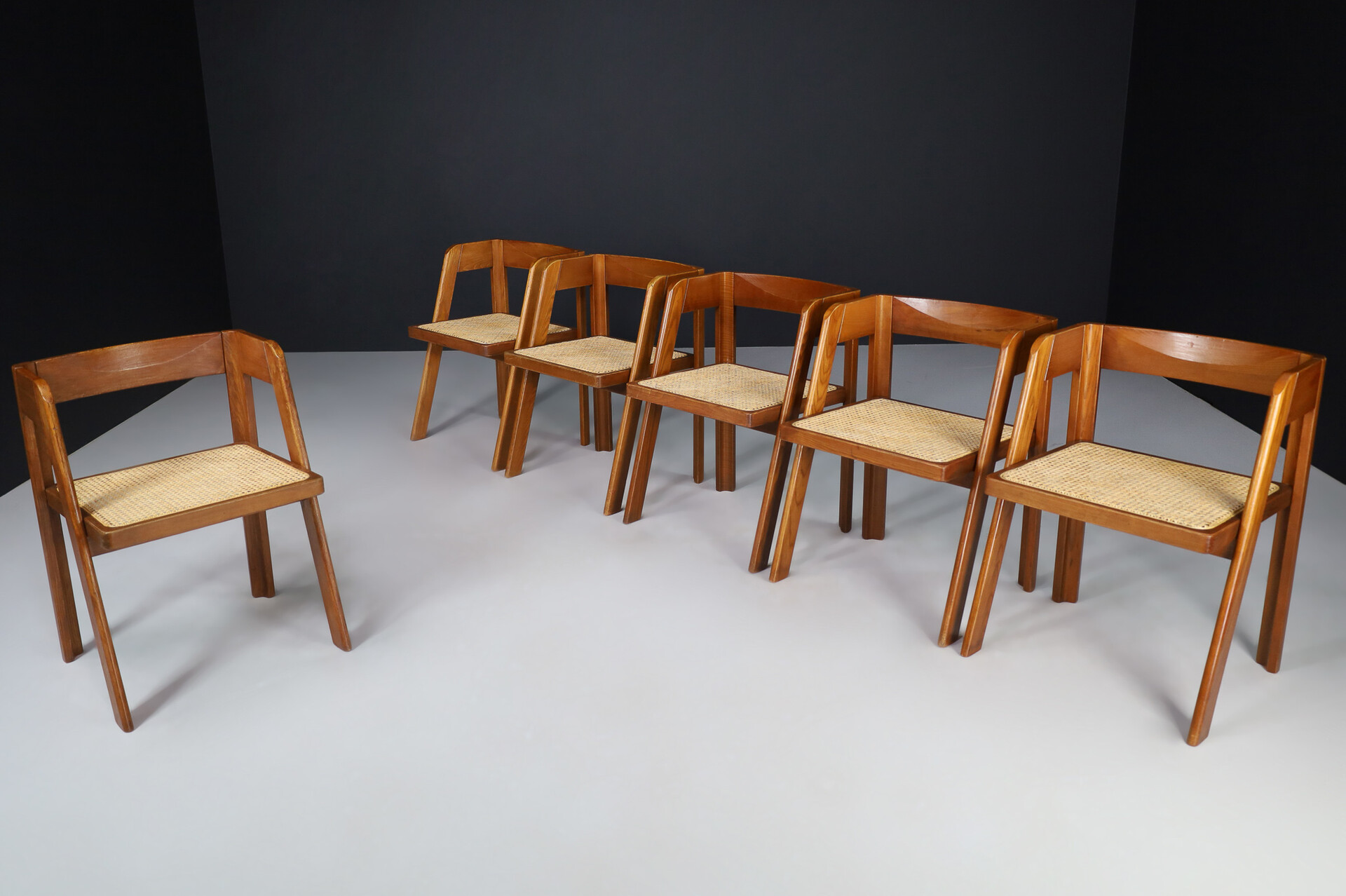 Mid century modern Oak and rattan dinning chairs, Italy 1960s Mid-20th century