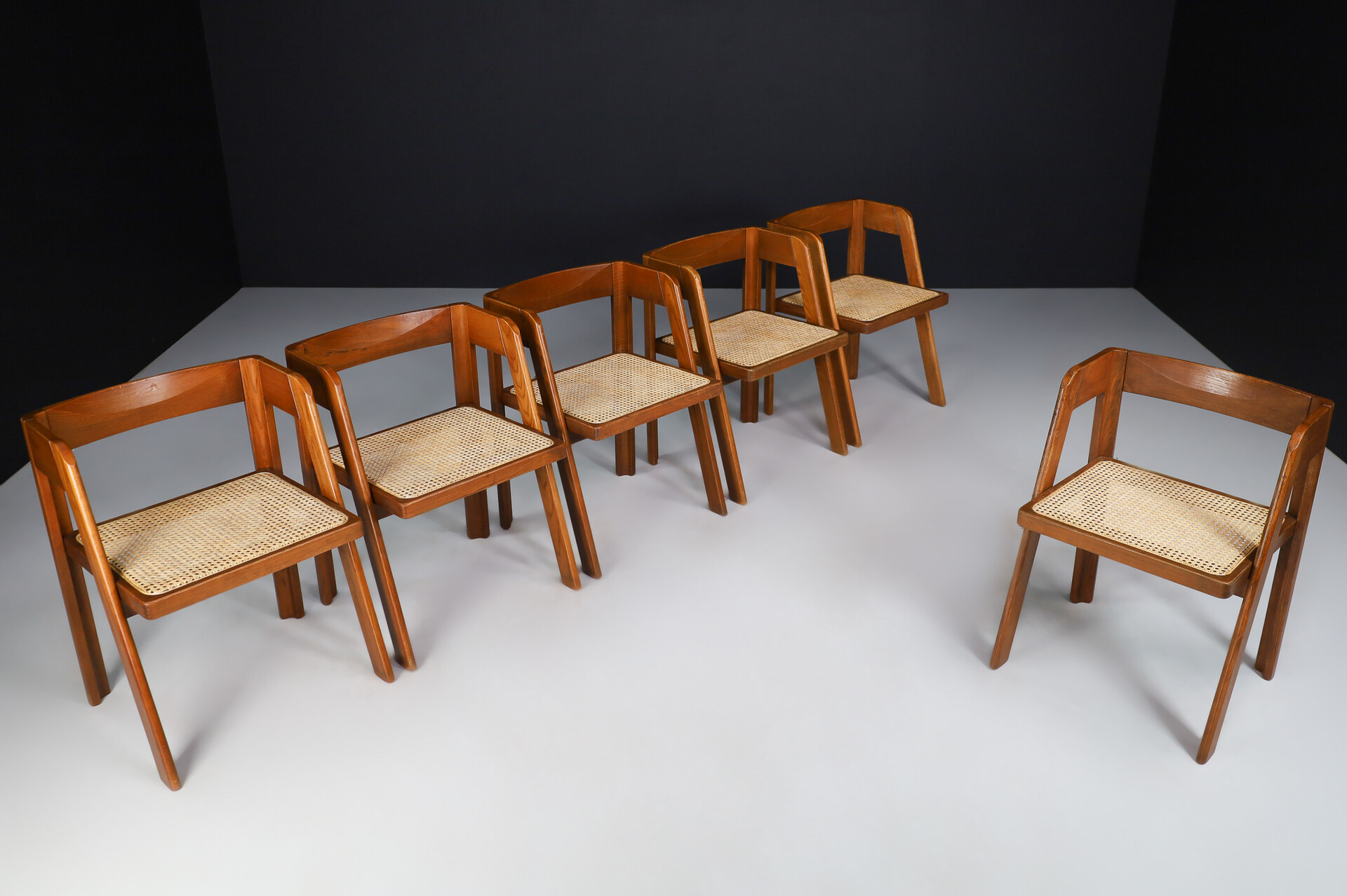Mid century modern Oak and rattan dinning chairs, Italy 1960s Mid-20th century