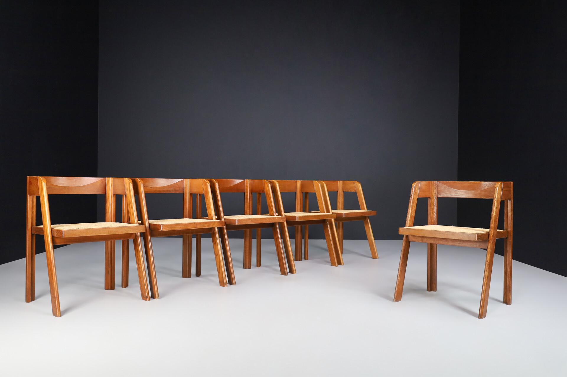 Mid century modern Oak and rattan dinning chairs, Italy 1960s Mid-20th century