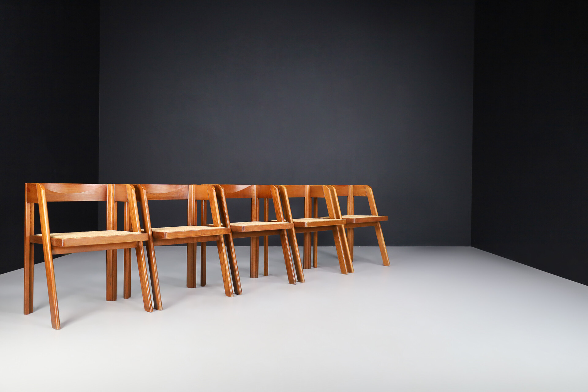 Mid century modern Oak and rattan dinning chairs, Italy 1960s Mid-20th century