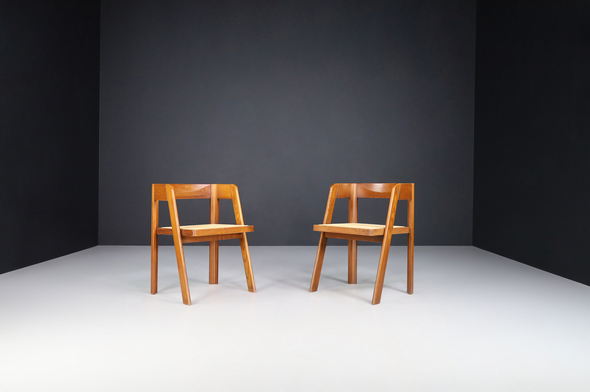 Mid century modern Oak and rattan dinning chairs, Italy 1960s Mid-20th century