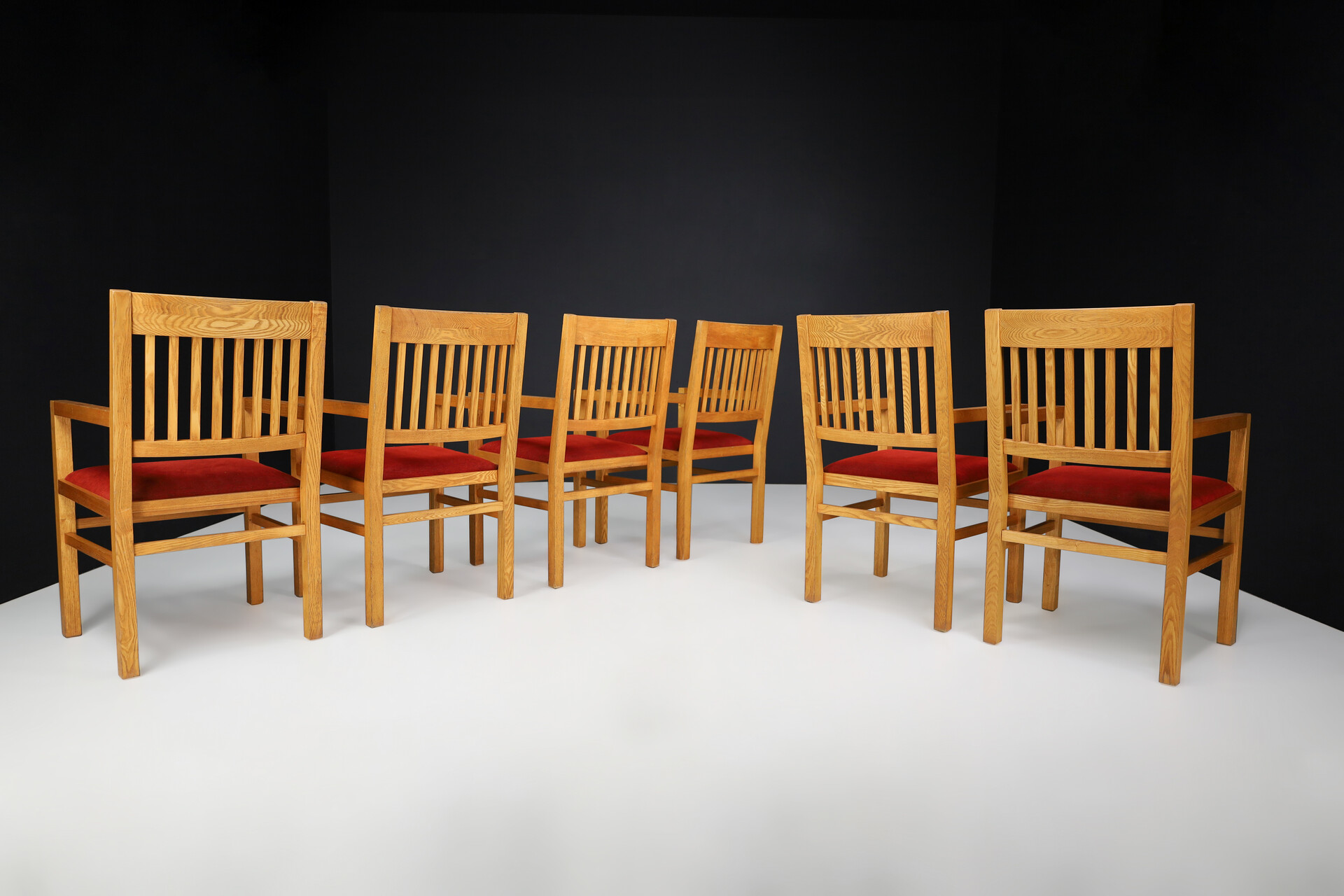 Mid century modern Oak and red Velvet Upholstery arm Chairs, The Netherlands 1960 Mid-20th century