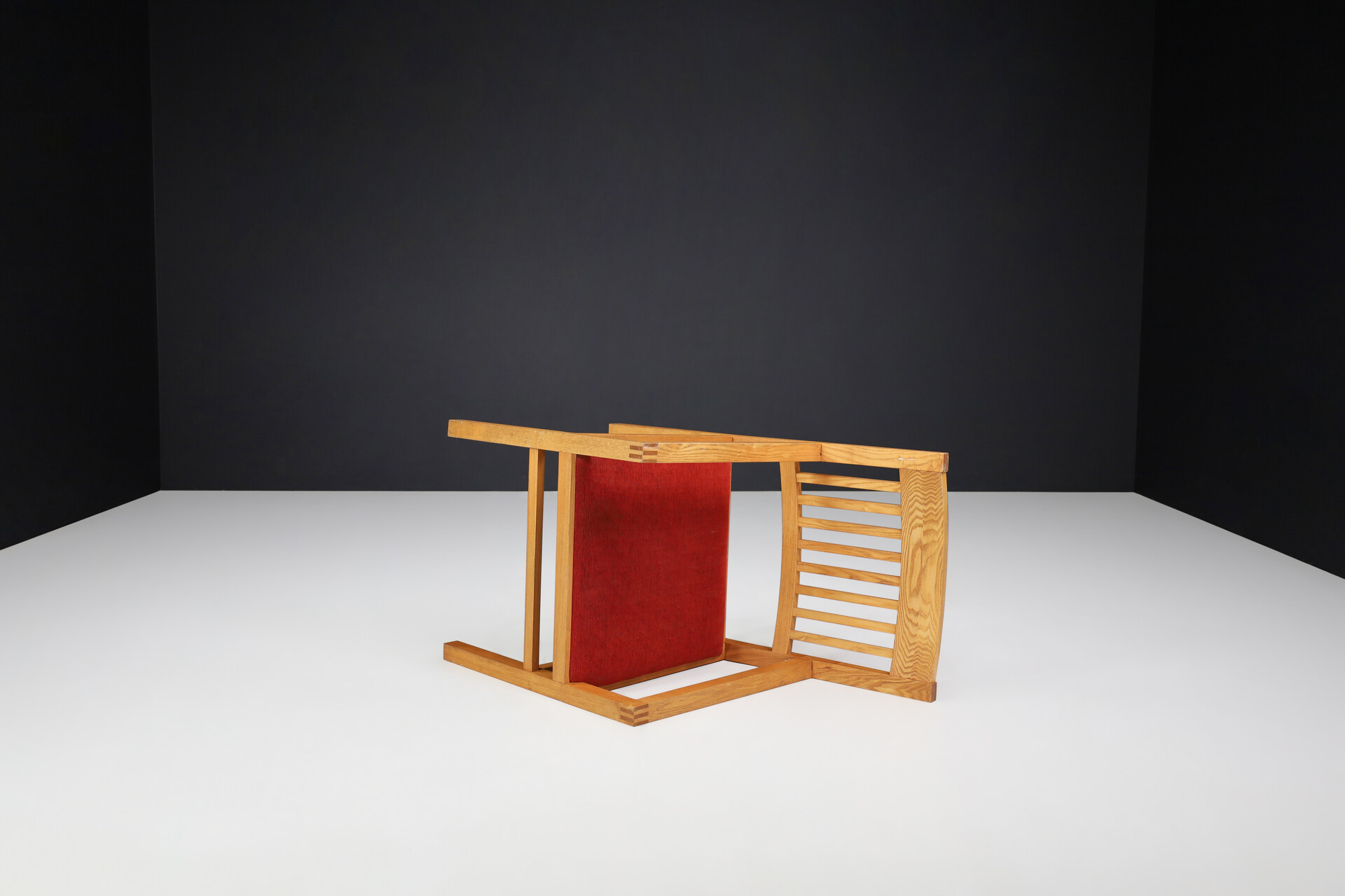 Mid century modern Oak and red Velvet Upholstery arm Chairs, The Netherlands 1960 Mid-20th century