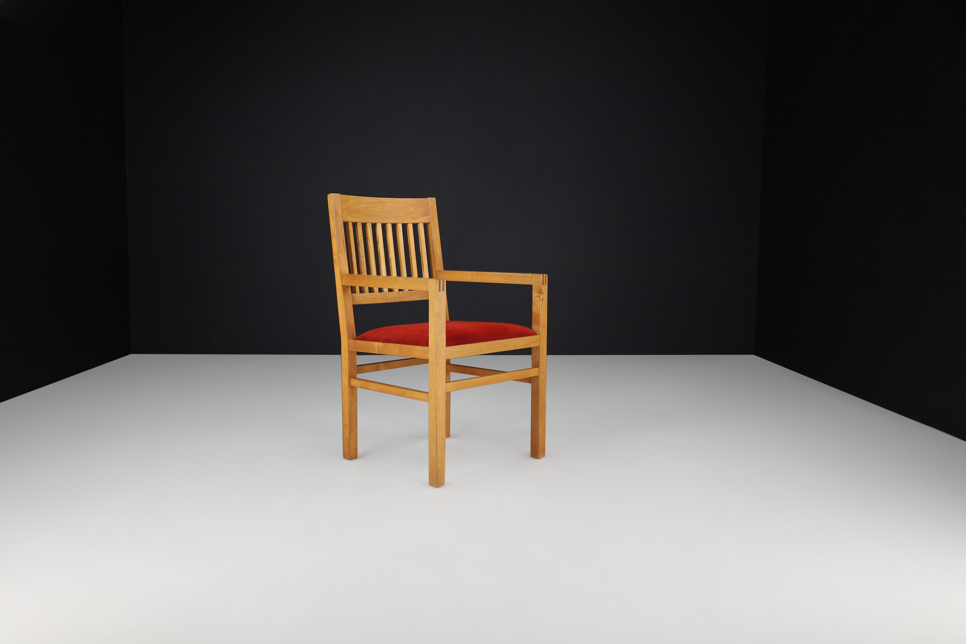 Mid century modern Oak and red Velvet Upholstery arm Chairs, The Netherlands 1960 Mid-20th century