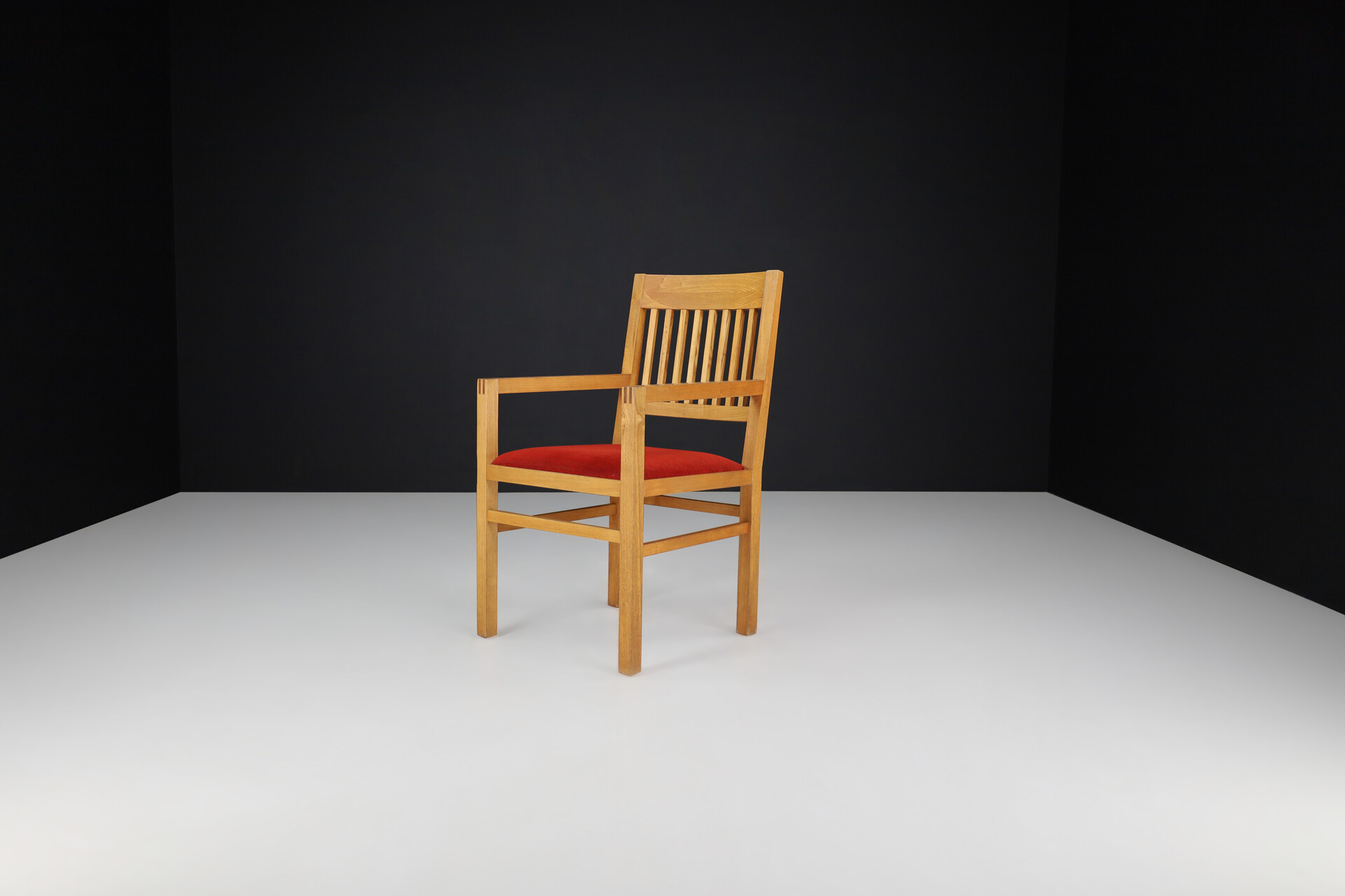 Mid century modern Oak and red Velvet Upholstery arm Chairs, The Netherlands 1960 Mid-20th century