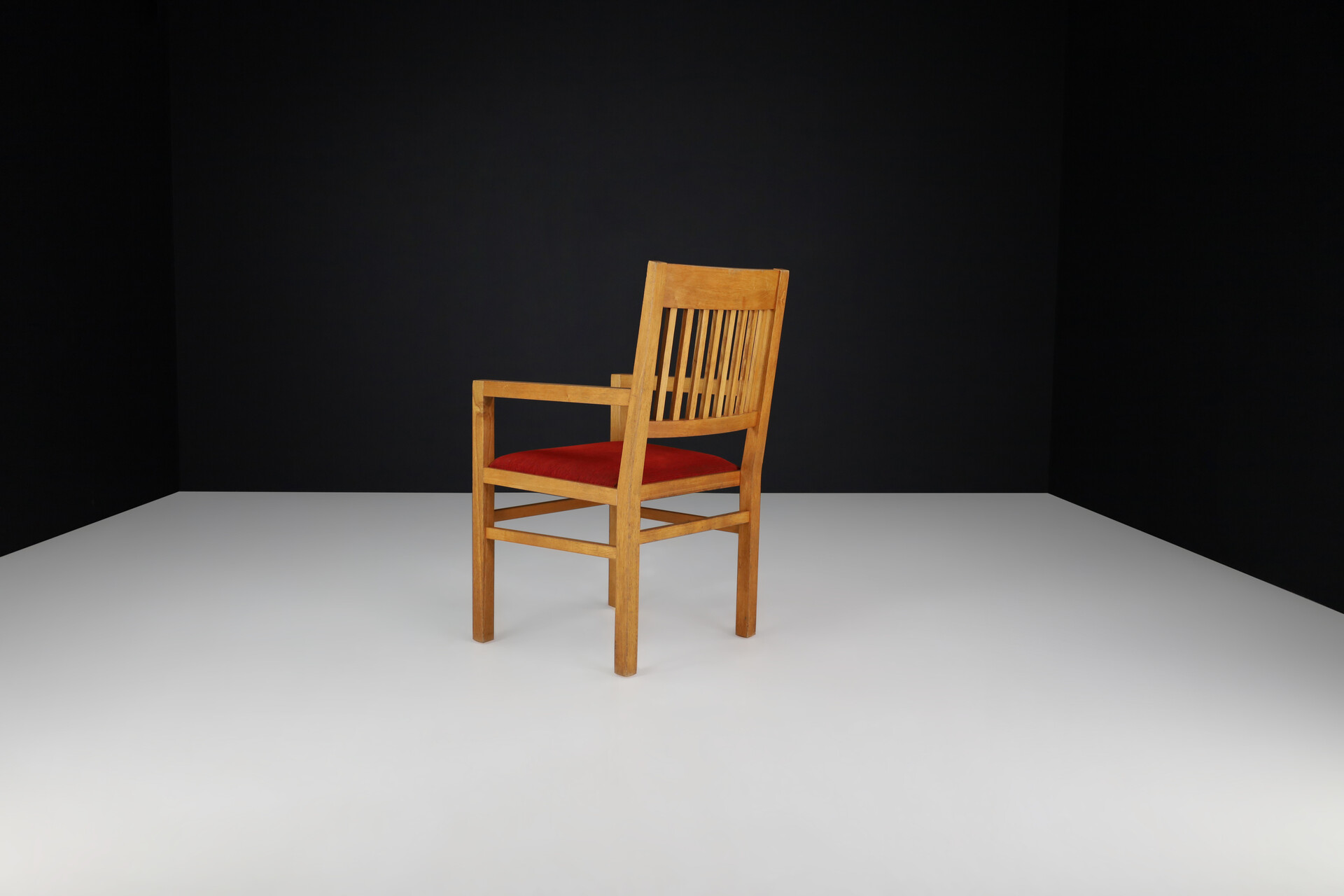 Mid century modern Oak and red Velvet Upholstery arm Chairs, The Netherlands 1960 Mid-20th century