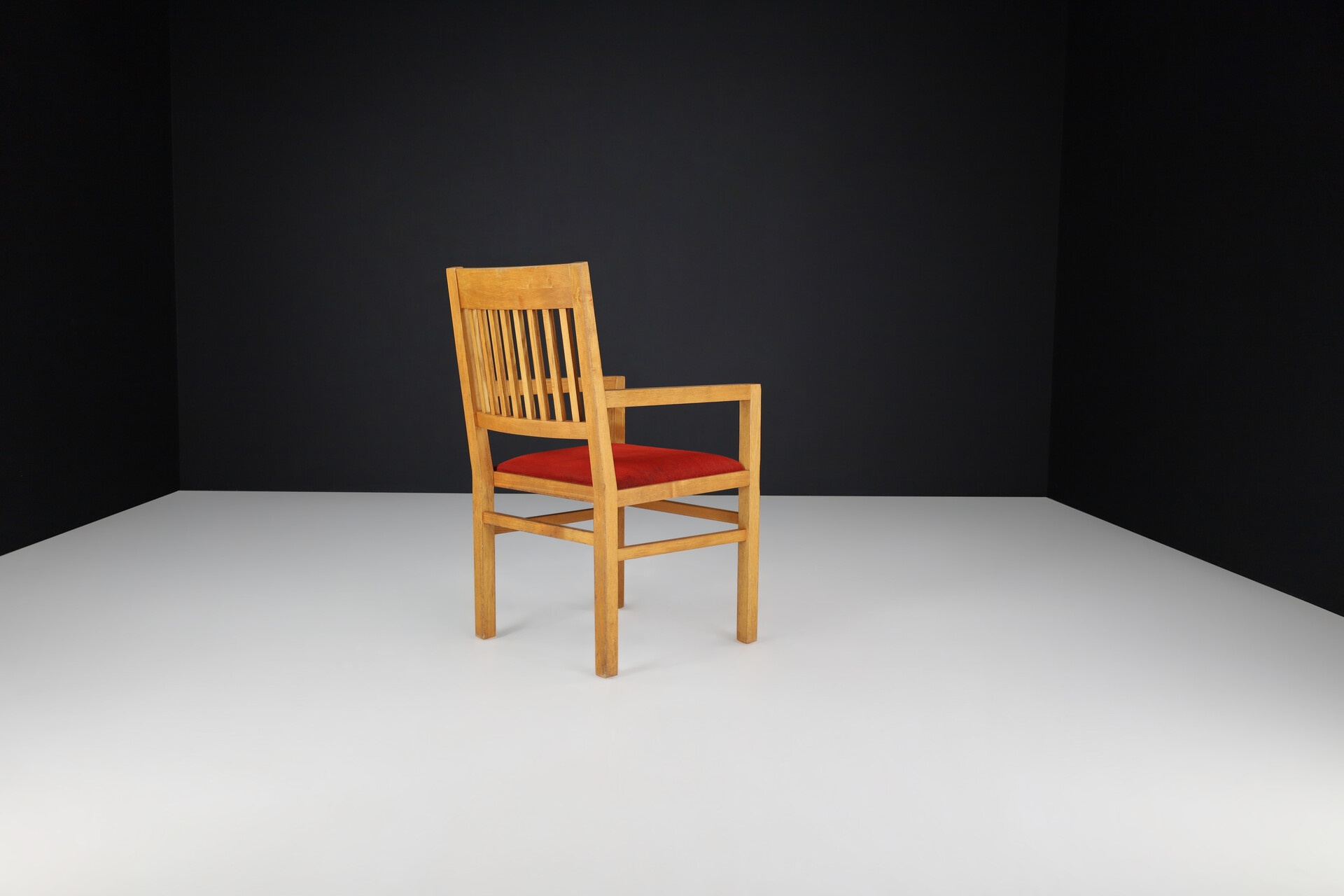 Mid century modern Oak and red Velvet Upholstery arm Chairs, The Netherlands 1960 Mid-20th century