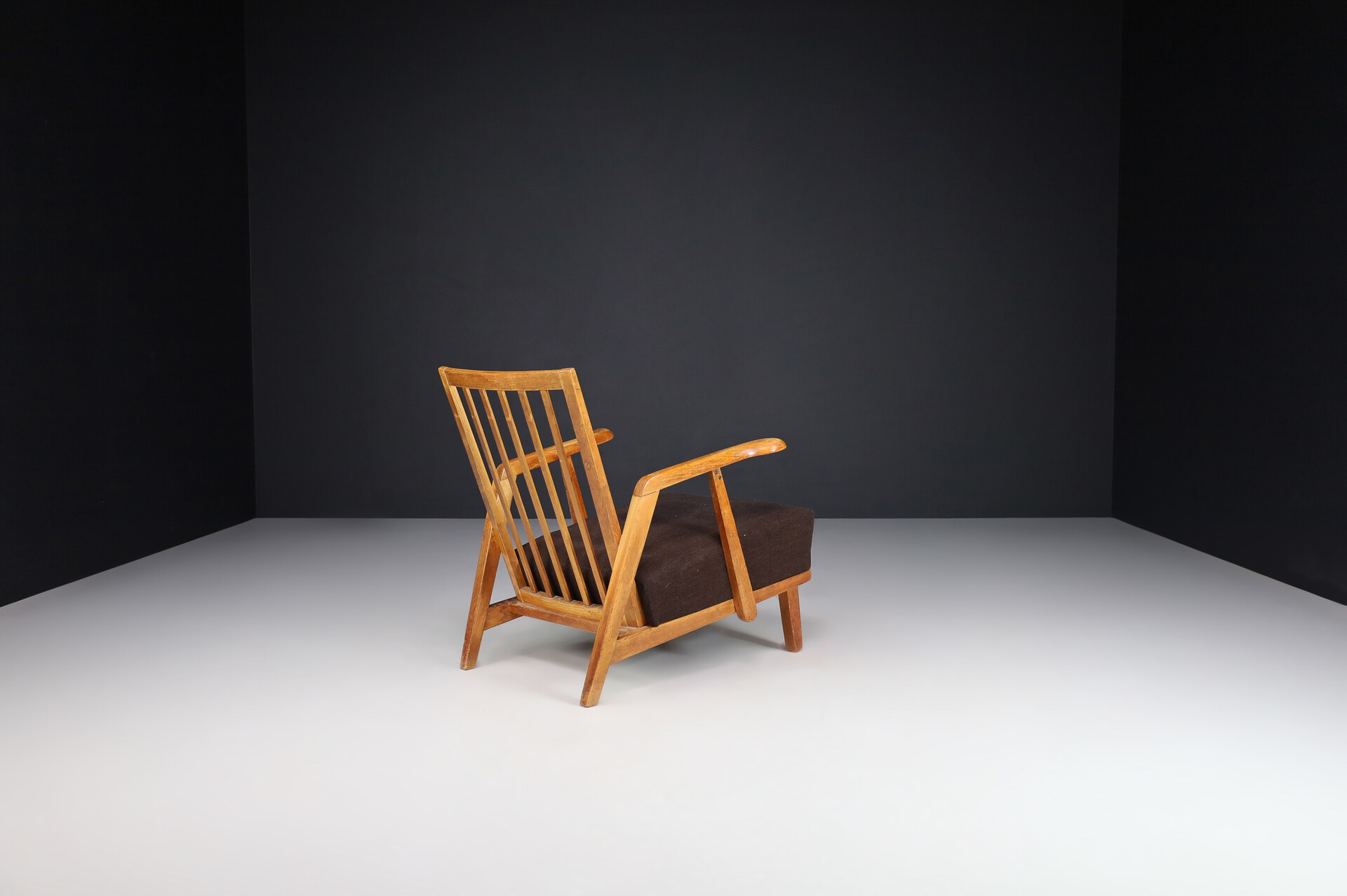 Mid century modern Oak lounge chair in original fabric, Praque 1950s Mid-20th century