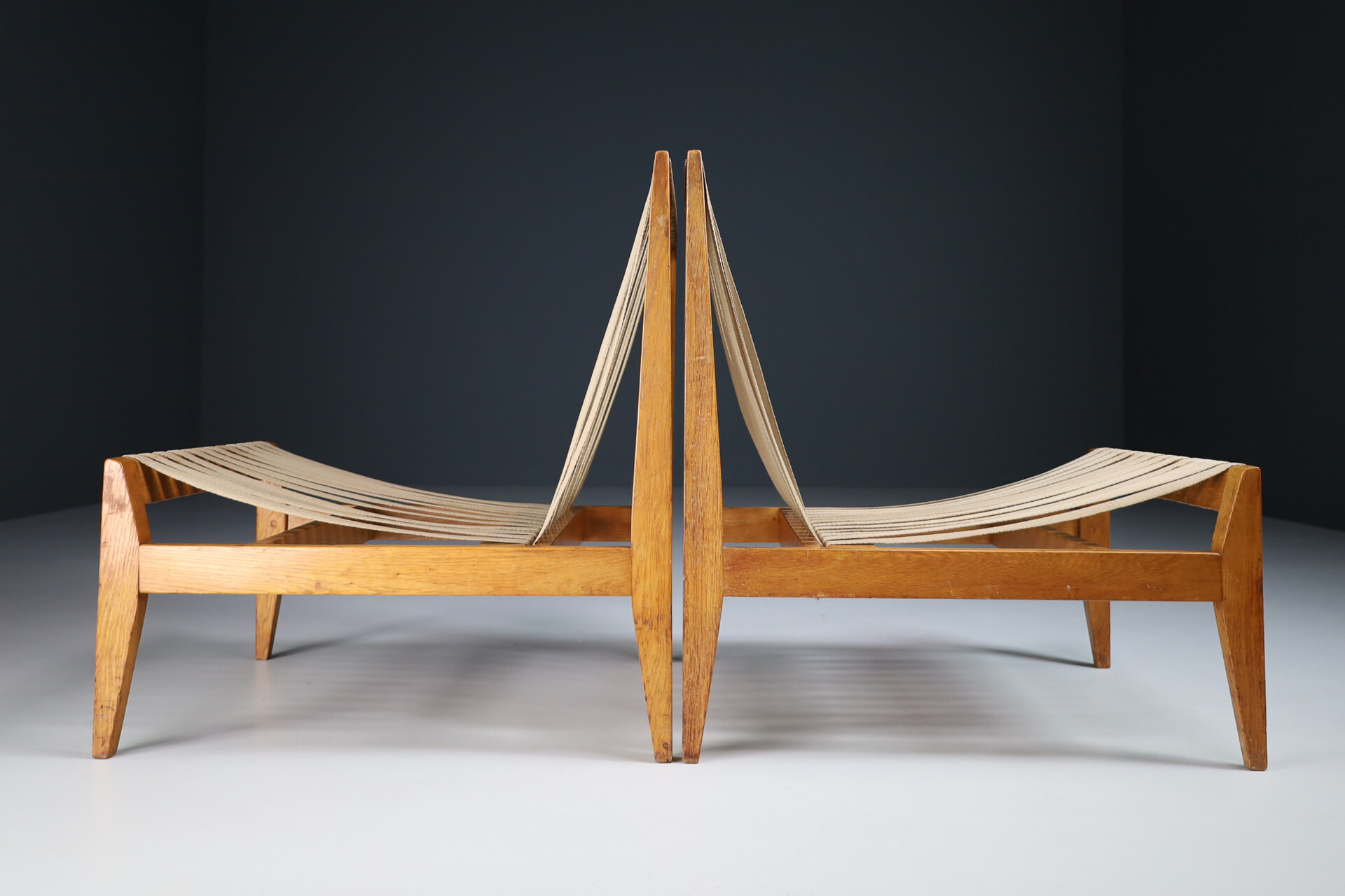 Mid century modern Pair Minimalist Oak and Canvas Lounge chairs, The Netherlands 1940s Mid-20th century
