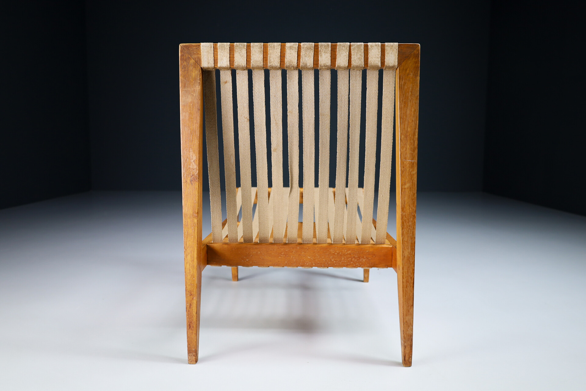 Mid century modern Pair Minimalist Oak and Canvas Lounge chairs, The Netherlands 1940s Mid-20th century