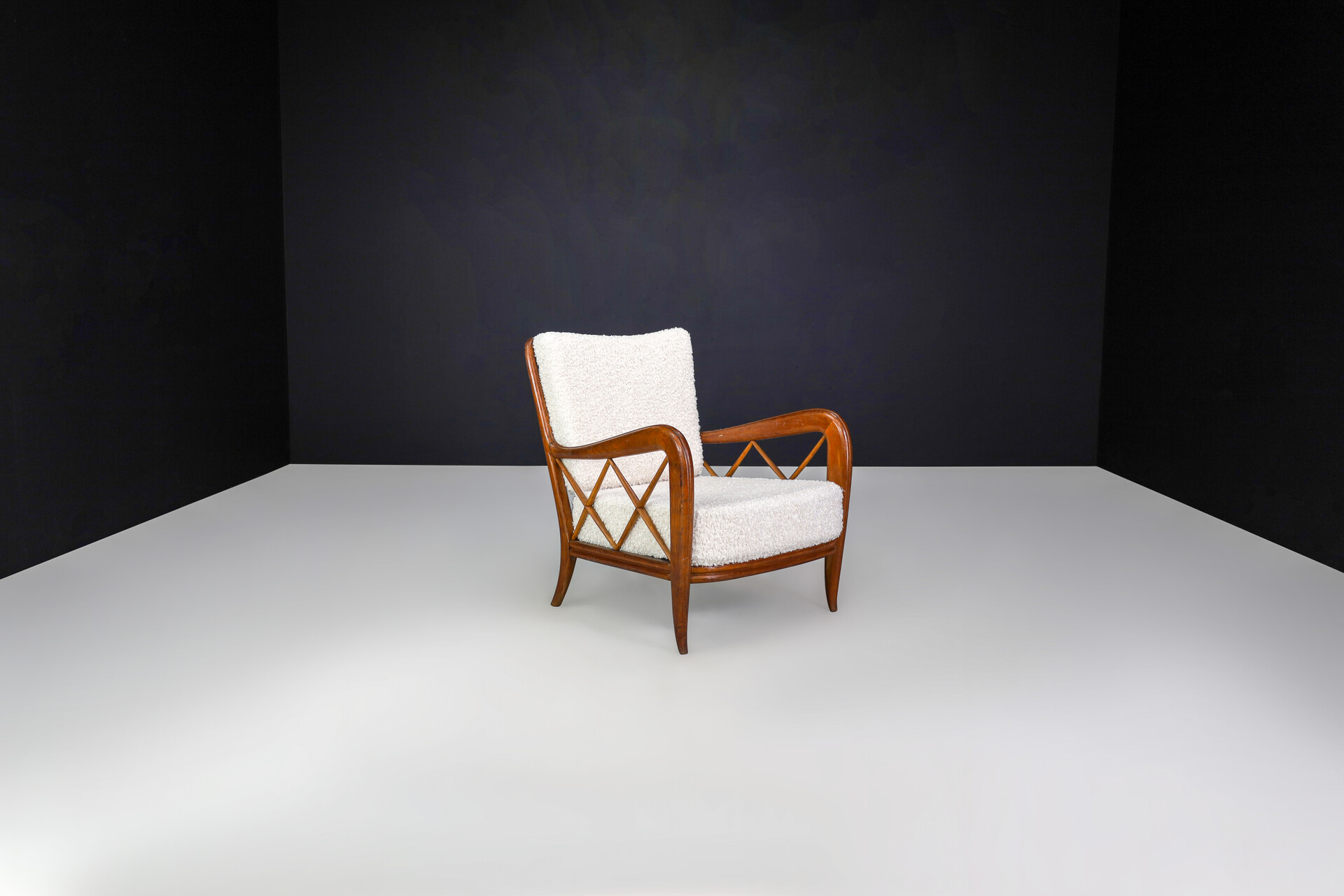 Mid century modern Paolo Buffa Walnut and Bouclé Fabric Armchairs, Italy 1950s Mid-20th century