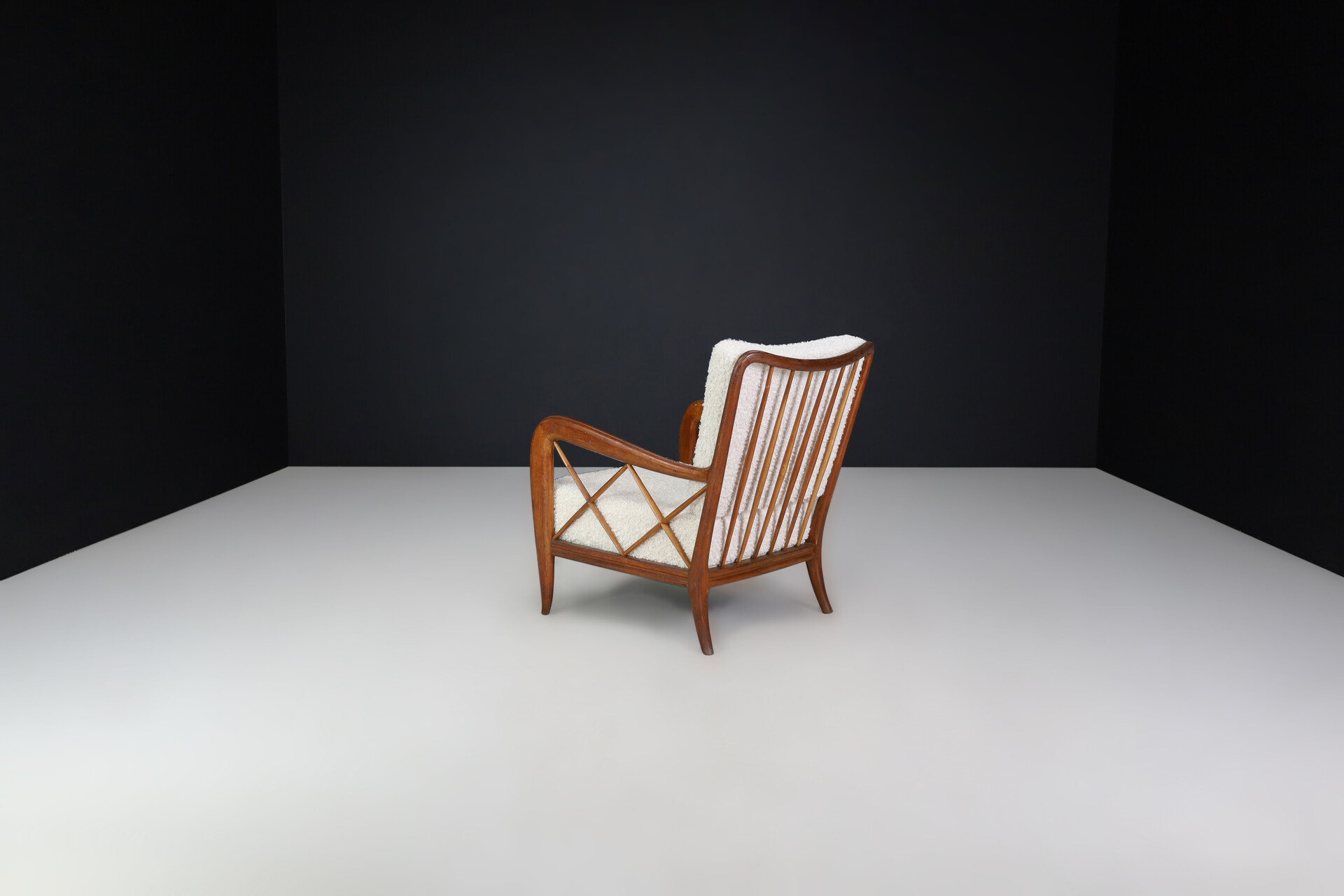 Mid century modern Paolo Buffa Walnut and Bouclé Fabric Armchairs, Italy 1950s Mid-20th century