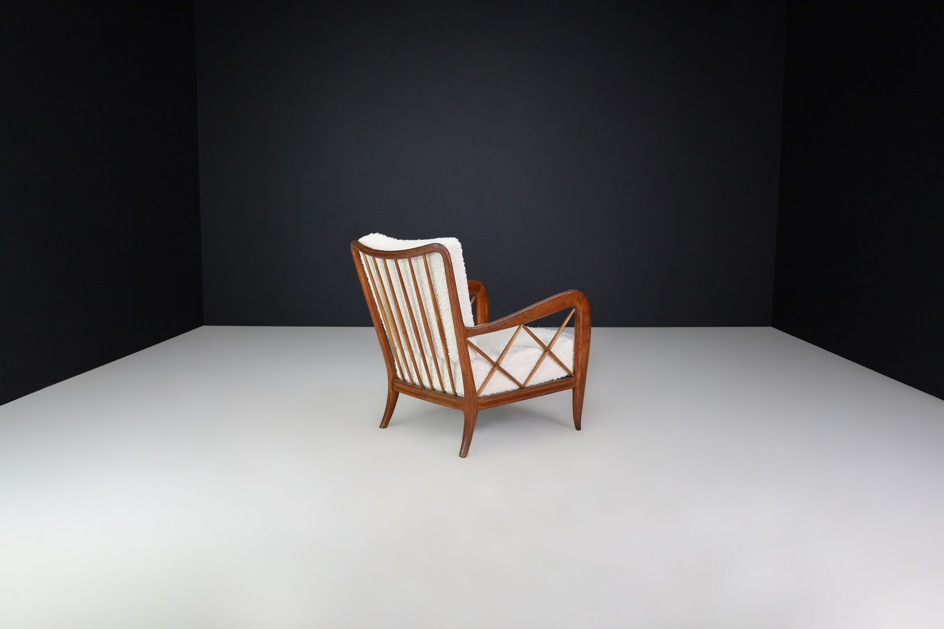 Mid century modern Paolo Buffa Walnut and Bouclé Fabric Armchairs, Italy 1950s Mid-20th century