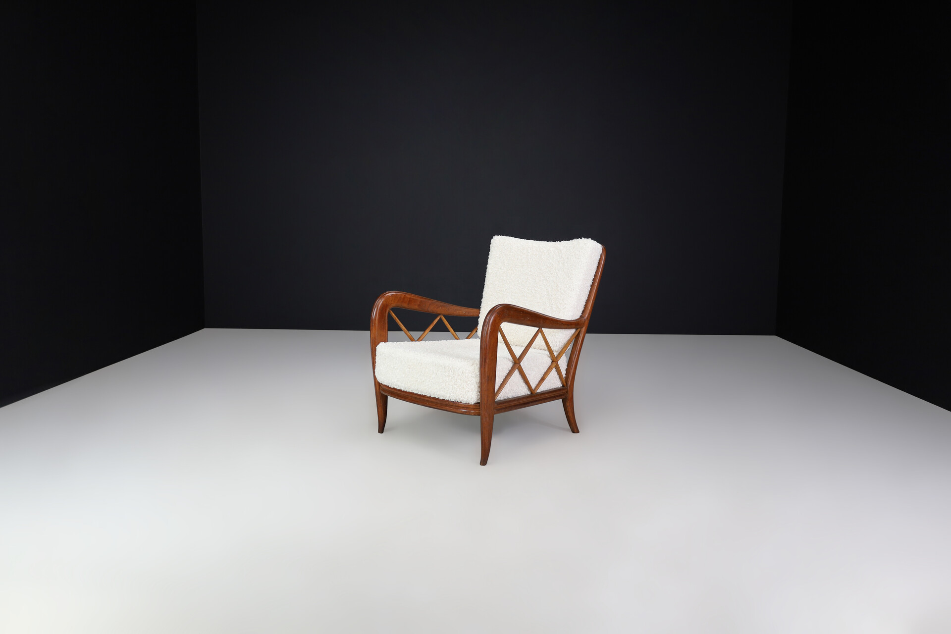 Mid century modern Paolo Buffa Walnut and Bouclé Fabric Armchairs, Italy 1950s Mid-20th century