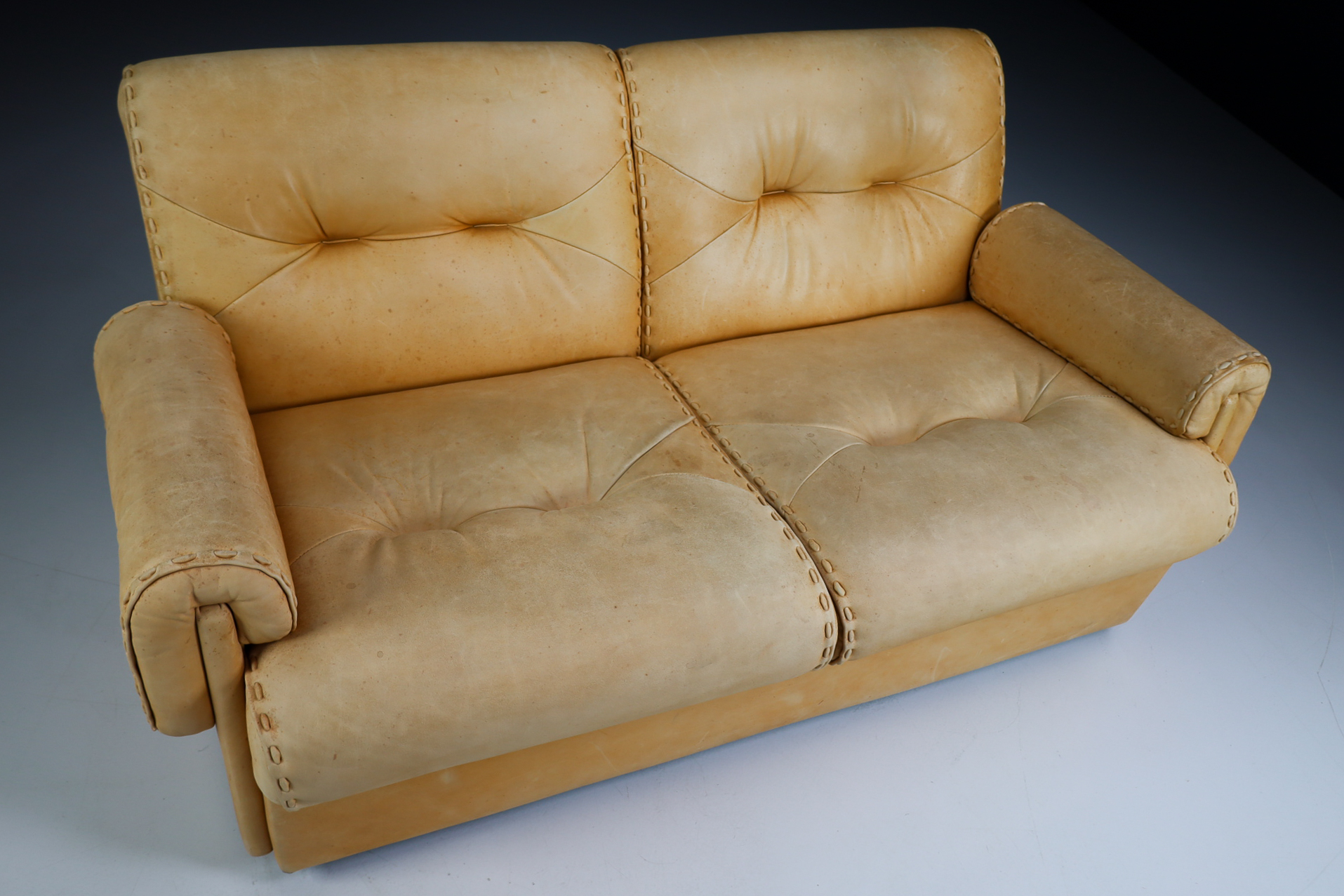 Mid century modern Patinated leather lounge sofa , Germany 1970s Mid-20th century
