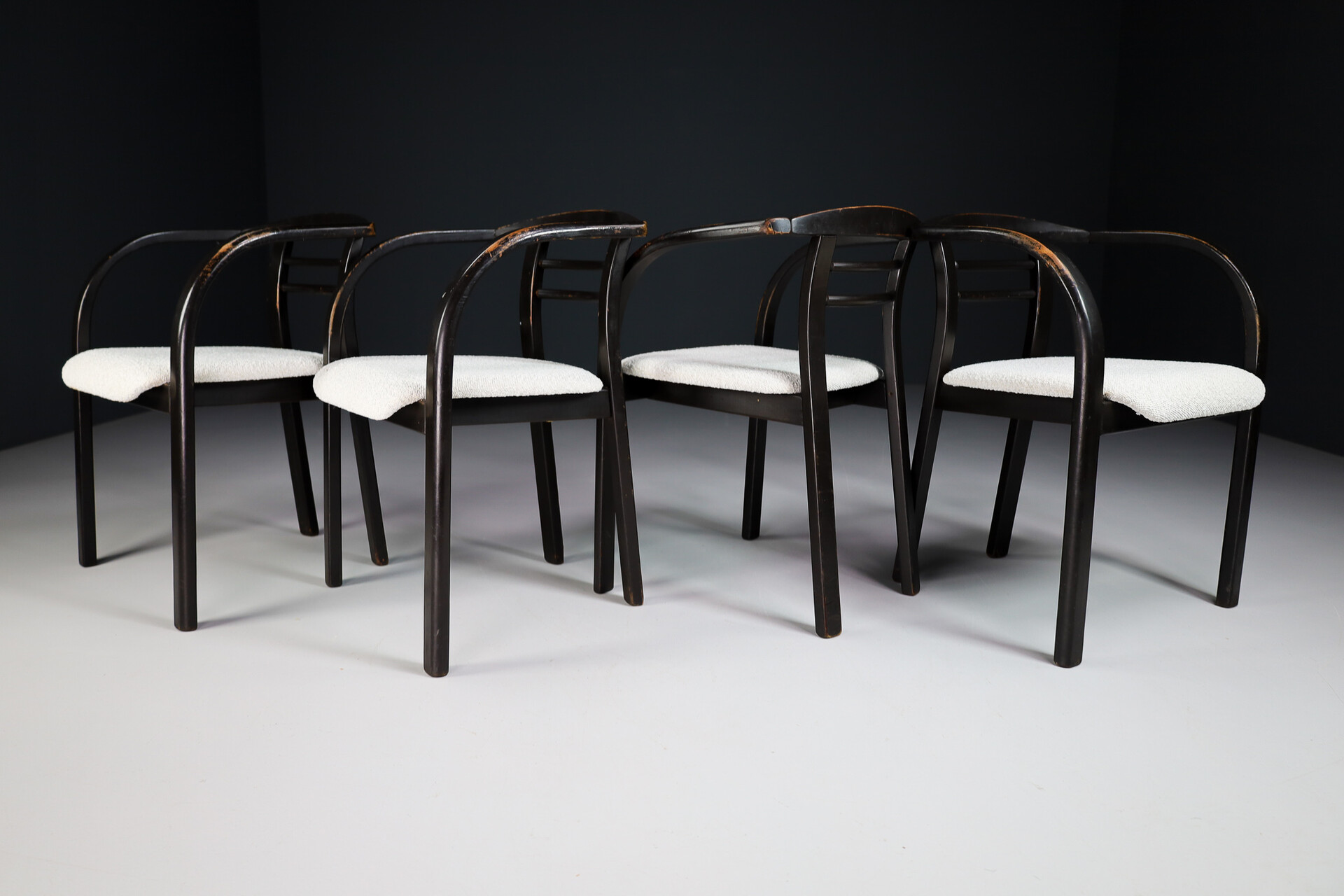 Mid century modern Patinated Wooden Armchairs with New Bouclé Wool Fabric, Praque 19 Late-20th century