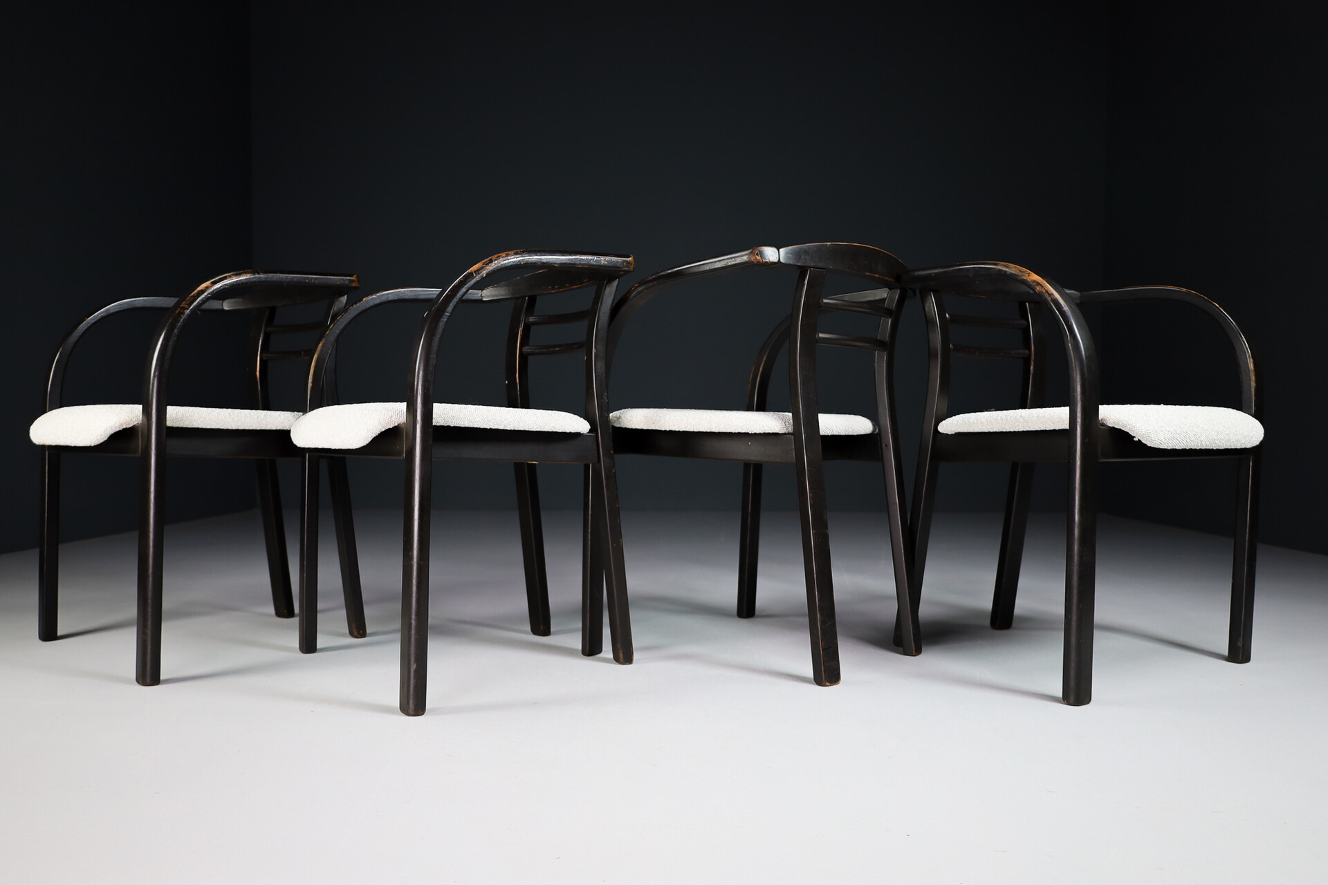 Mid century modern Patinated Wooden Armchairs with New Bouclé Wool Fabric, Praque 19 Late-20th century