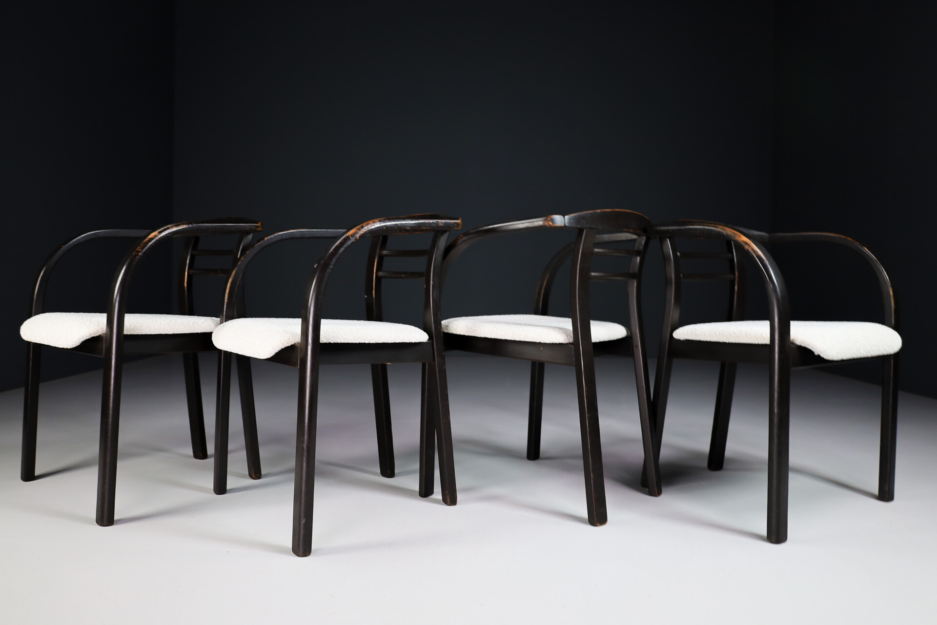 Mid century modern Patinated Wooden Armchairs with New Bouclé Wool Fabric, Praque 19 Late-20th century