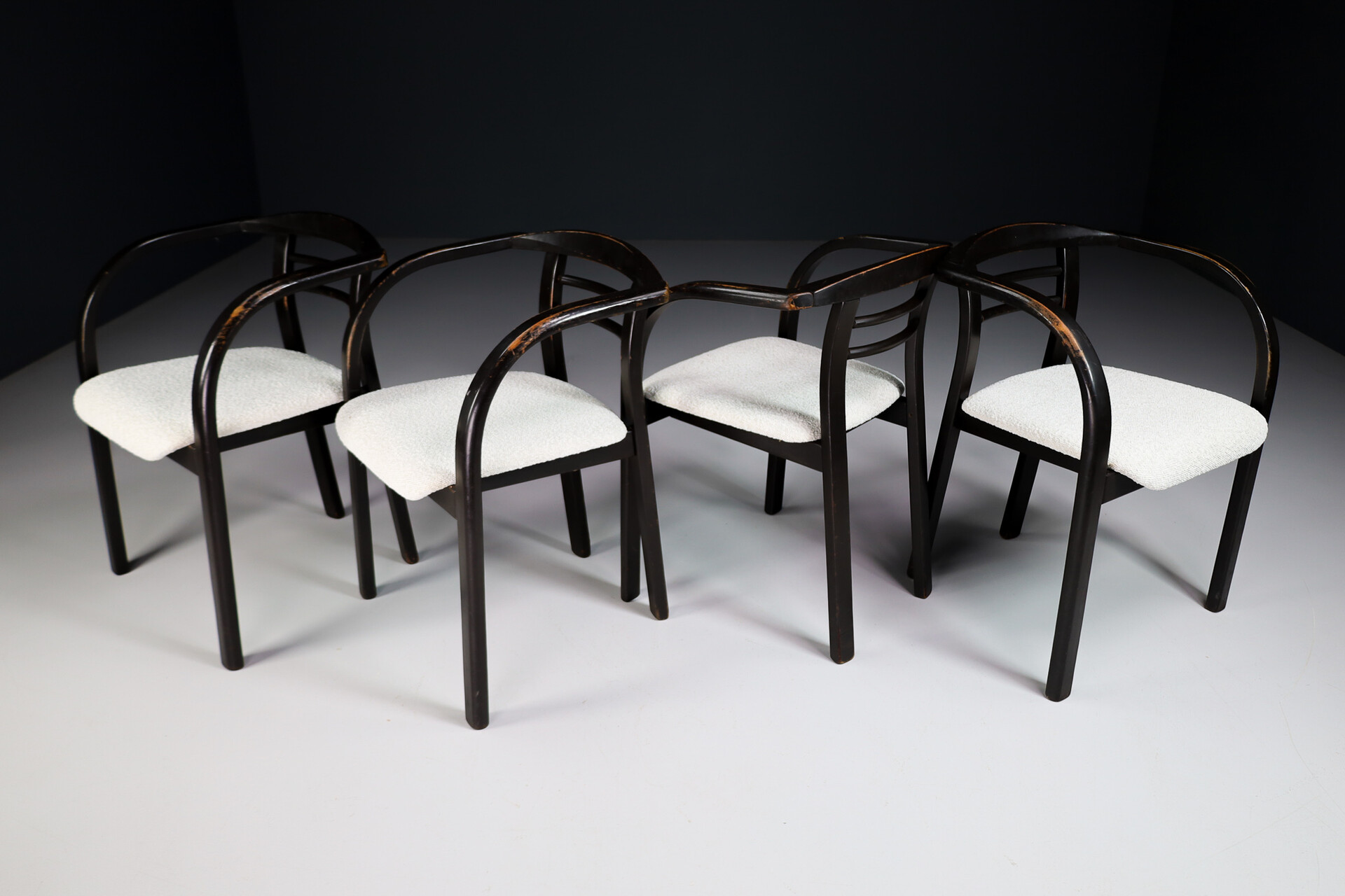 Mid century modern Patinated Wooden Armchairs with New Bouclé Wool Fabric, Praque 19 Late-20th century