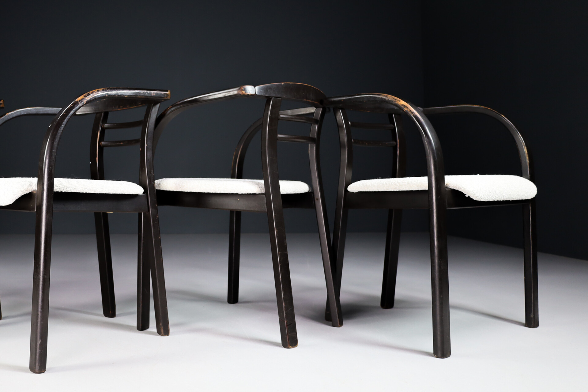 Mid century modern Patinated Wooden Armchairs with New Bouclé Wool Fabric, Praque 19 Late-20th century