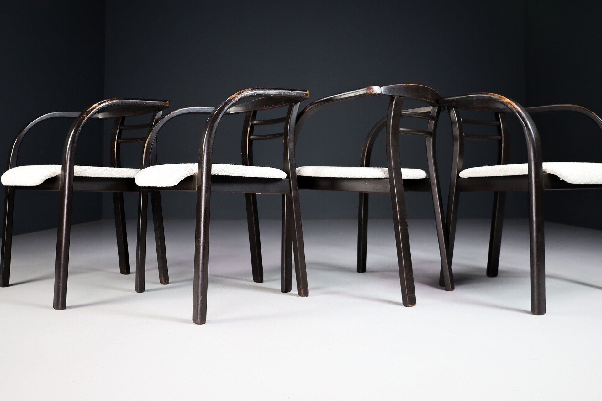 Mid century modern Patinated Wooden Armchairs with New Bouclé Wool Fabric, Praque 19 Late-20th century