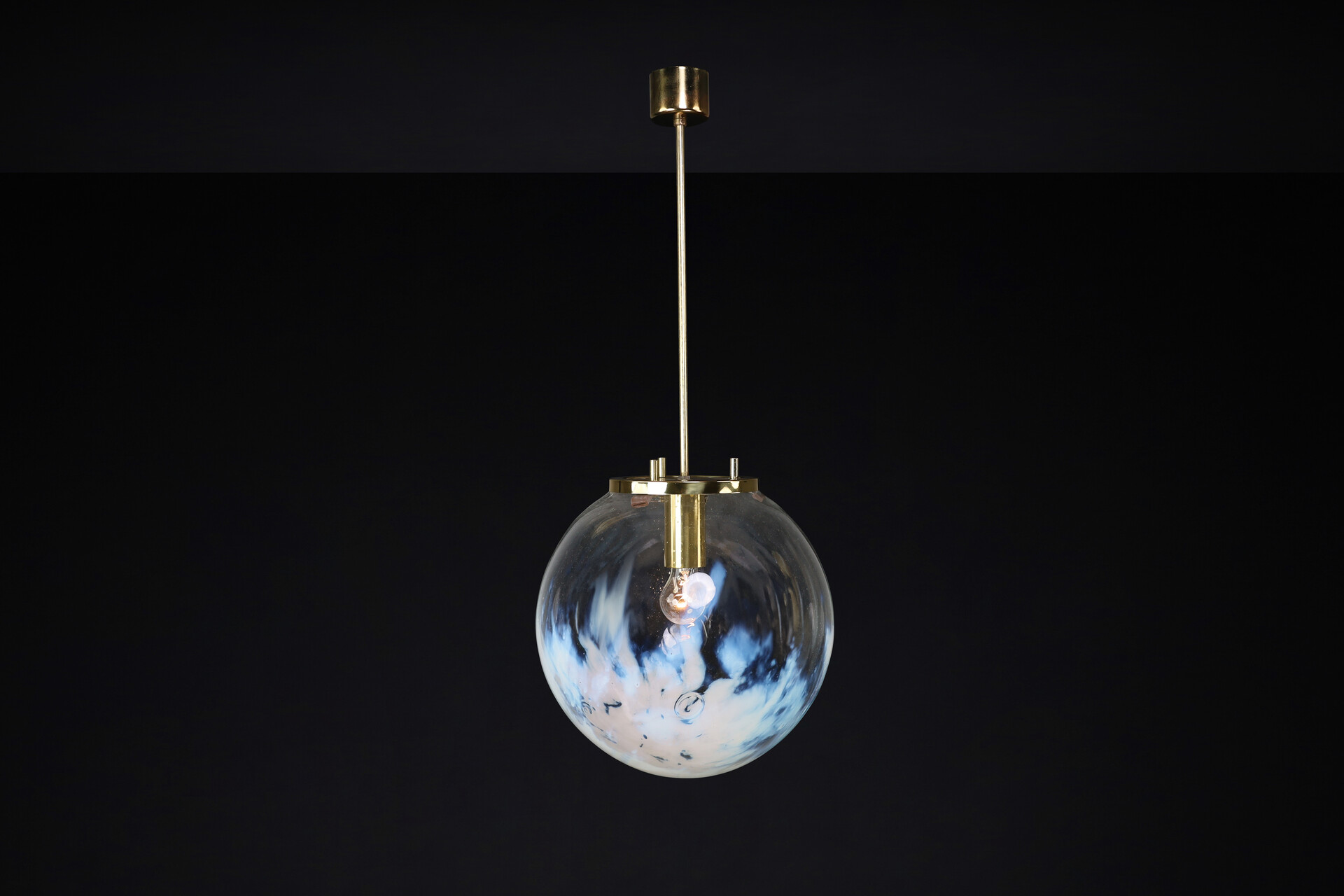 Mid century modern Pendant in Brass and Art-Glass with White Streaks,CZ 1970s Mid-20th century