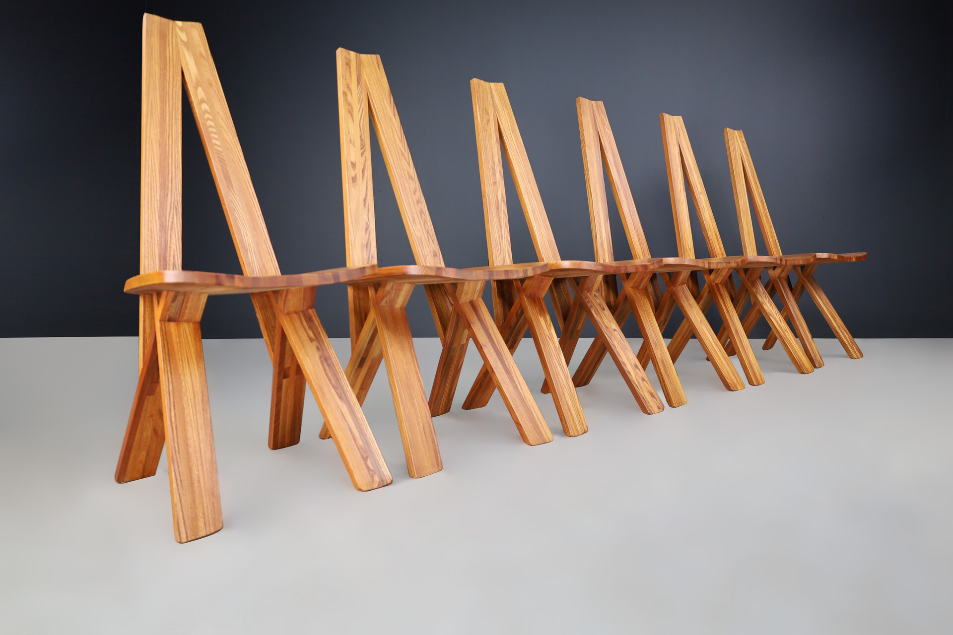 Mid century modern Pierre Chapo Set of Six 'S45'Dining room Chairs in Elm, France 1970s Late-20th century