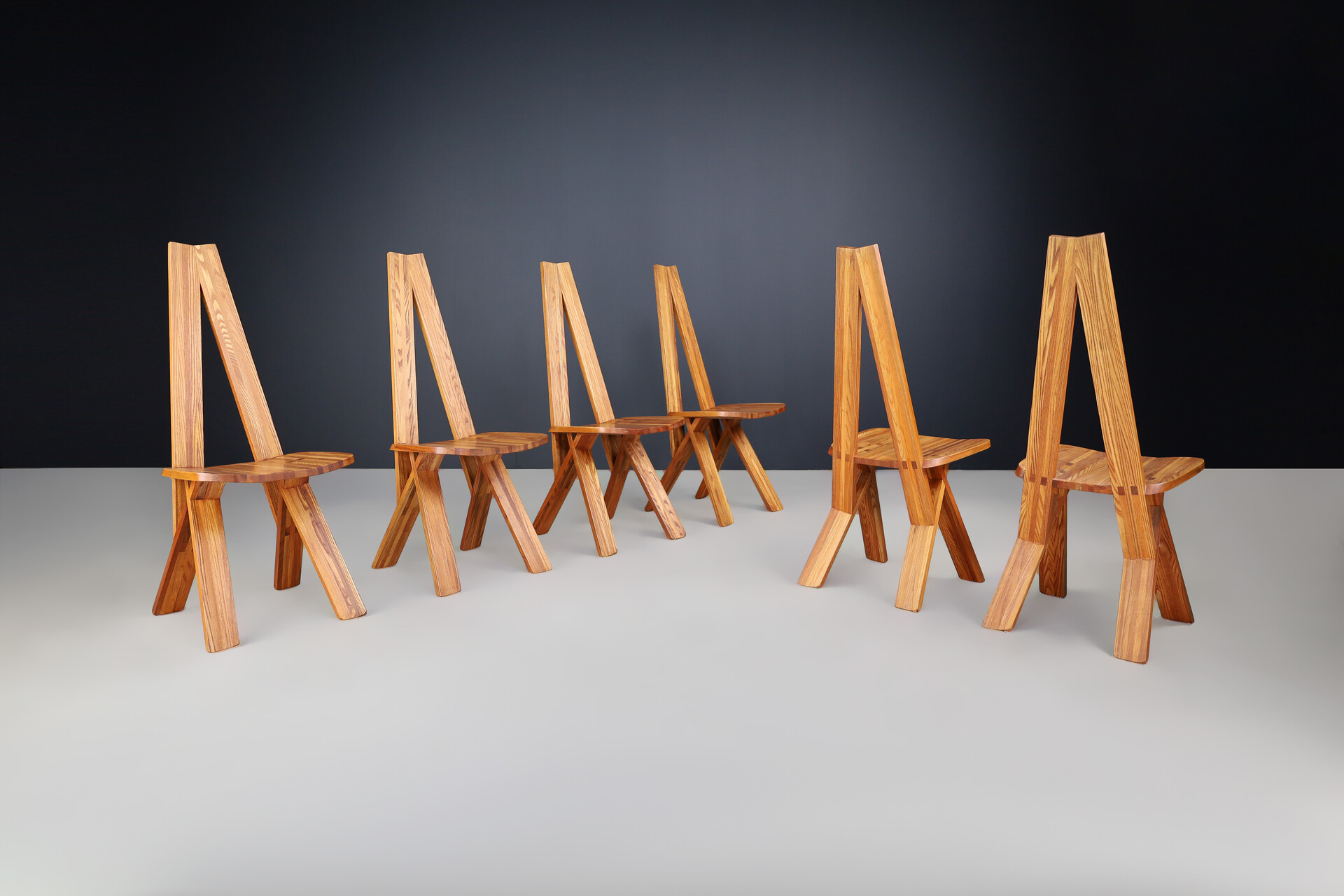 Mid century modern Pierre Chapo Set of Six 'S45'Dining room Chairs in Elm, France 1970s Late-20th century