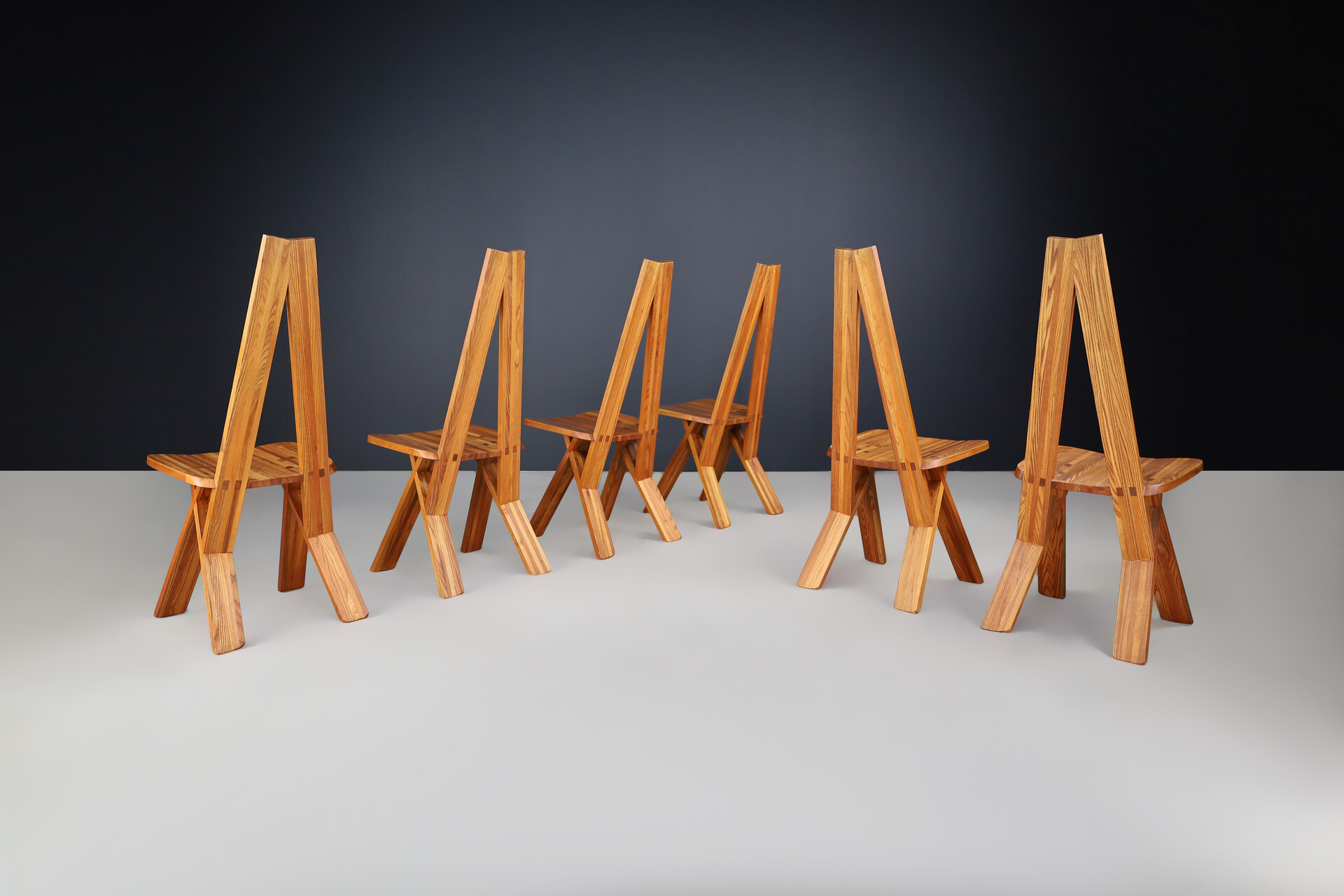 Mid century modern Pierre Chapo Set of Six 'S45'Dining room Chairs in Elm, France 1970s Late-20th century