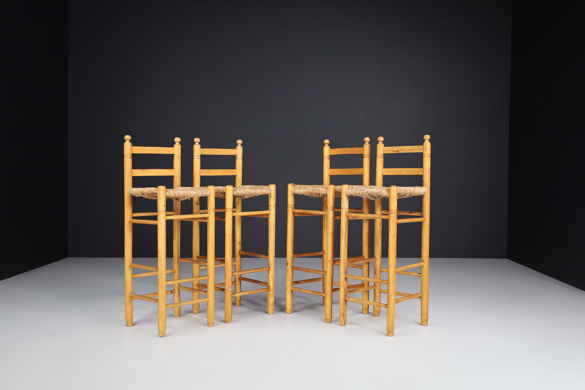 Mid century modern Pinewood And Rush bar stools In The Style Of Charlotte Perriand , France 1960s Mid-20th century