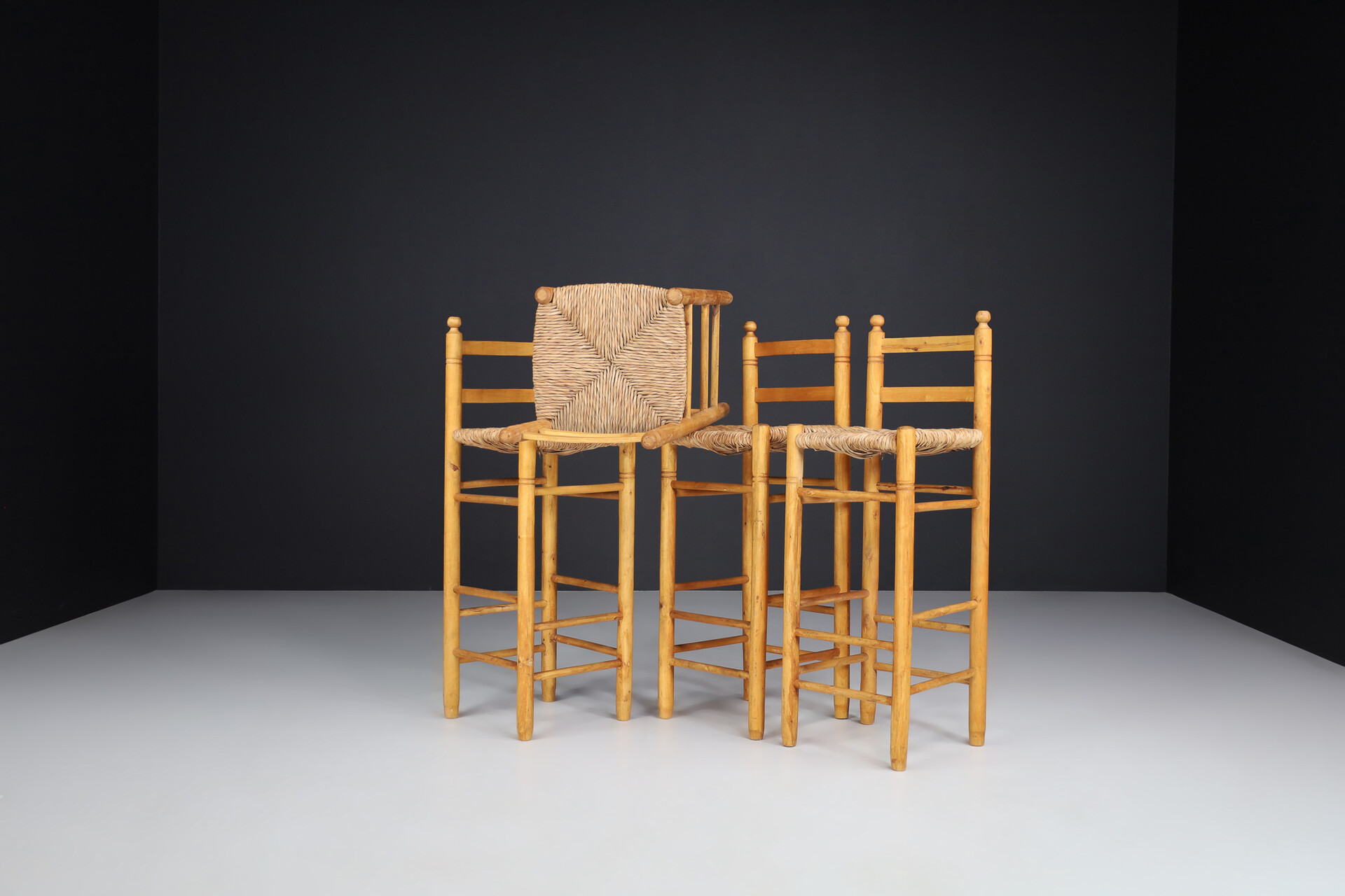 Mid century modern Pinewood And Rush bar stools In The Style Of Charlotte Perriand , France 1960s Mid-20th century