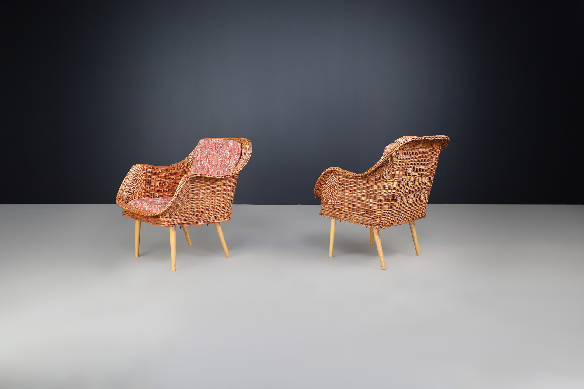 Mid century modern Rattan and wood armchairs, France 1950 Mid-20th century
