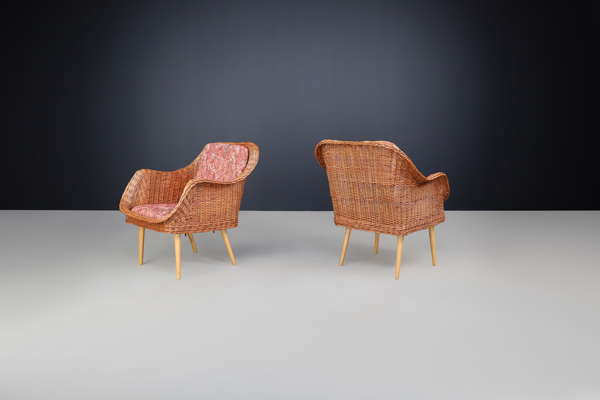 Mid century modern Rattan and wood armchairs, France 1950 Mid-20th century