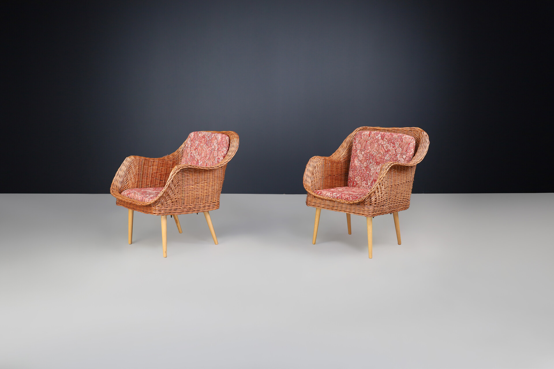 Mid century modern Rattan and wood armchairs, France 1950 Mid-20th century