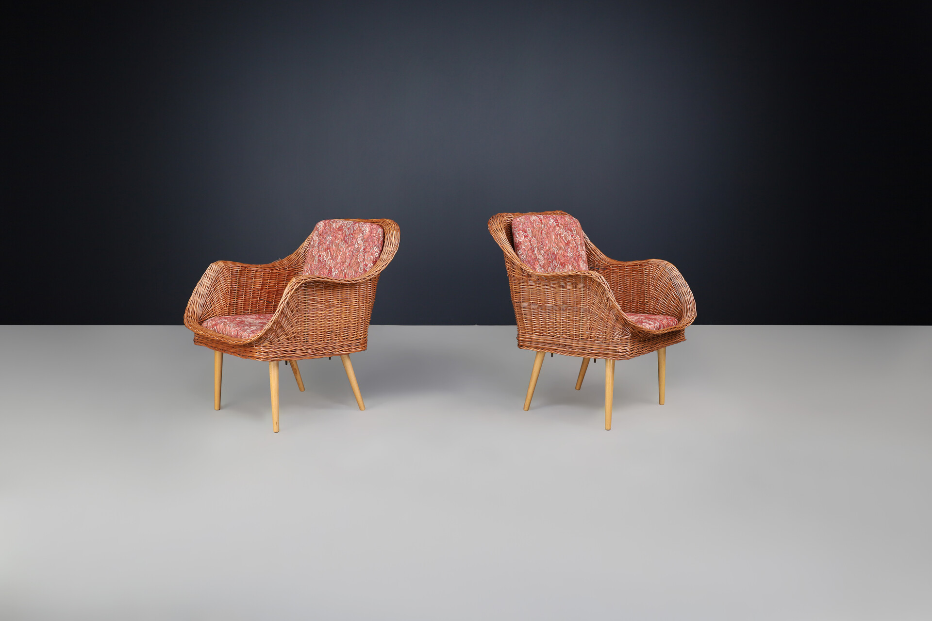 Mid century modern Rattan and wood armchairs, France 1950 Mid-20th century