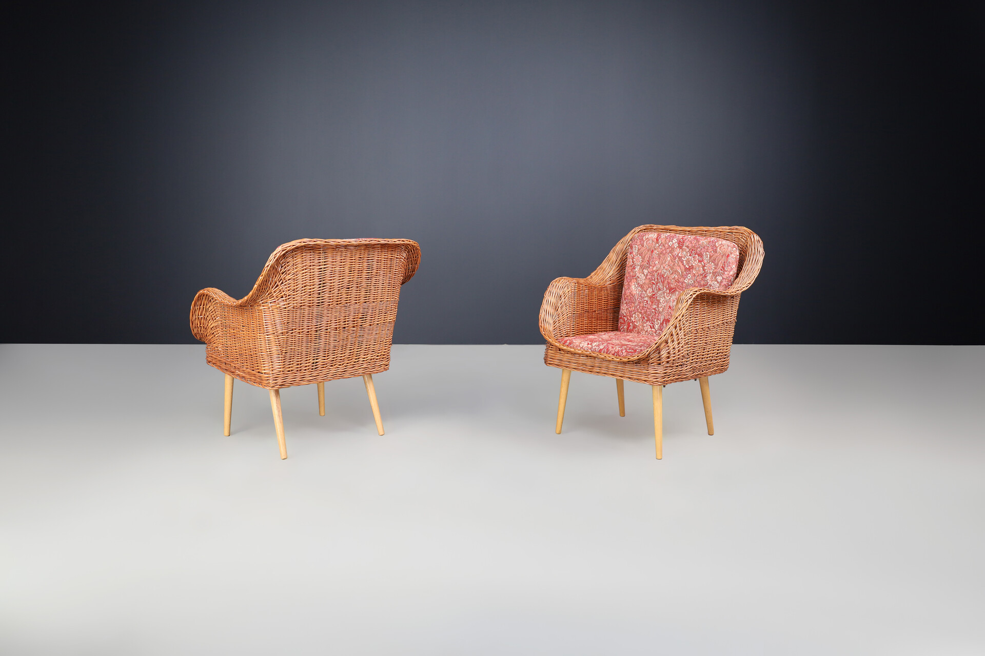 Mid century modern Rattan and wood armchairs, France 1950 Mid-20th century