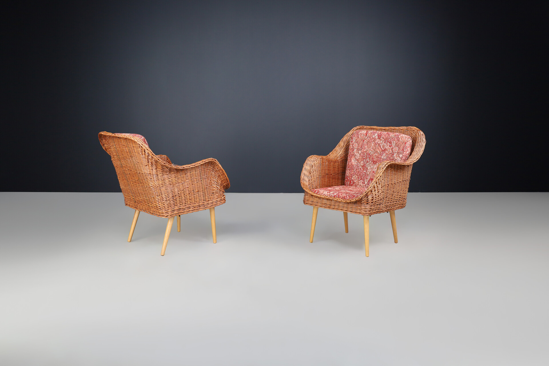 Mid century modern Rattan and wood armchairs, France 1950 Mid-20th century