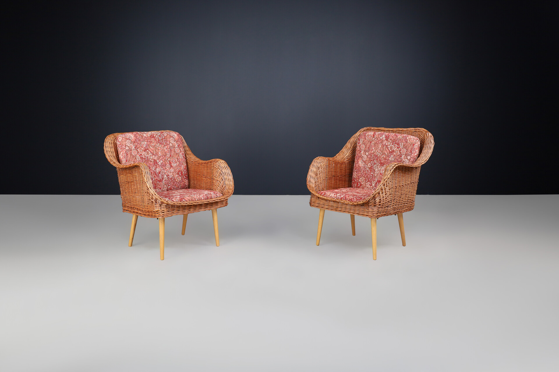Mid century modern Rattan and wood armchairs, France 1950 Mid-20th century