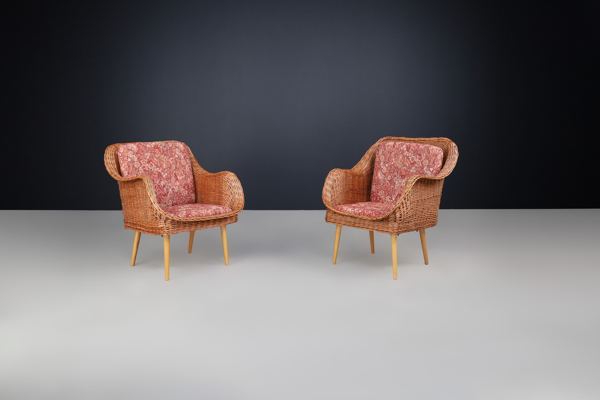 Mid century modern Rattan and wood armchairs, France 1950 Mid-20th century